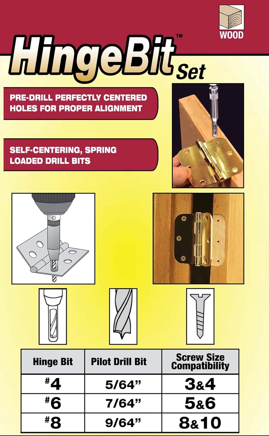 Milescraft 2317 Self-Centering, Spring Loaded 3pc. Hinge Bit Set – Includes 5/64", 7/64" and 9/64" Drill Bits for Woodworking