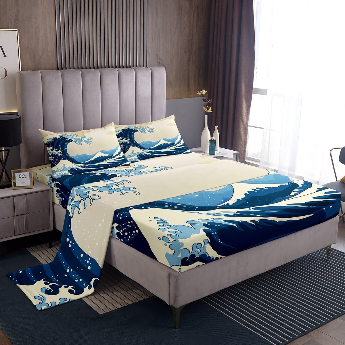 Great Wave Bed Sheets Japanese Ocean Wave Sheet Set, Mount Fuji Bed Sheet with Art Nature Home Decoration for Living Room Bedroom Dorm Decor Bedding Sheets & Pillowcases Japanese Style Top Sheet,Full