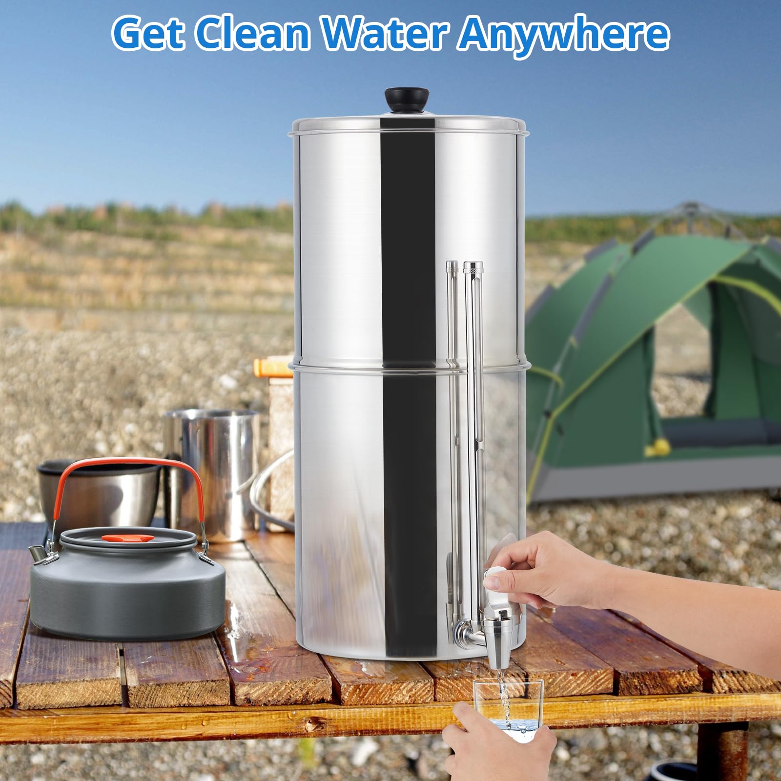 Système de filtre à eau alimenté par gravité de 2,25 g, système de filtre de comptoir en acier inoxydable avec 2 filtres et support, réduit 99 % du chlore, pour la maison, le camping, le camping-car