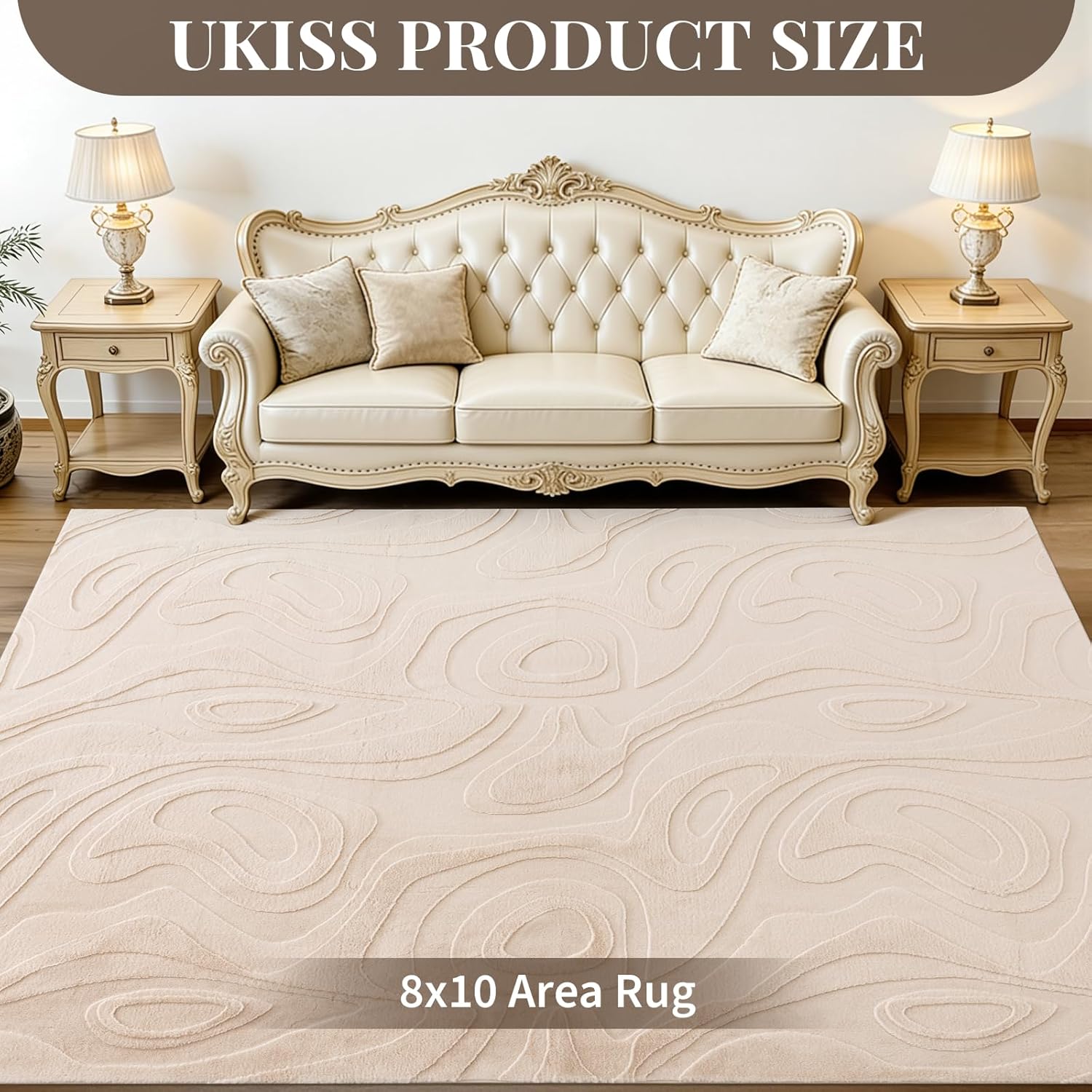UKISS Washable Rugs 8'x10' Area Rugs for Living Room ，Ultra Soft Faux Rabbit Fur Embossed Rug for Bedroom, Non Slip&Non-Shedding Low Pile Large Carpets for Home Decor Beige