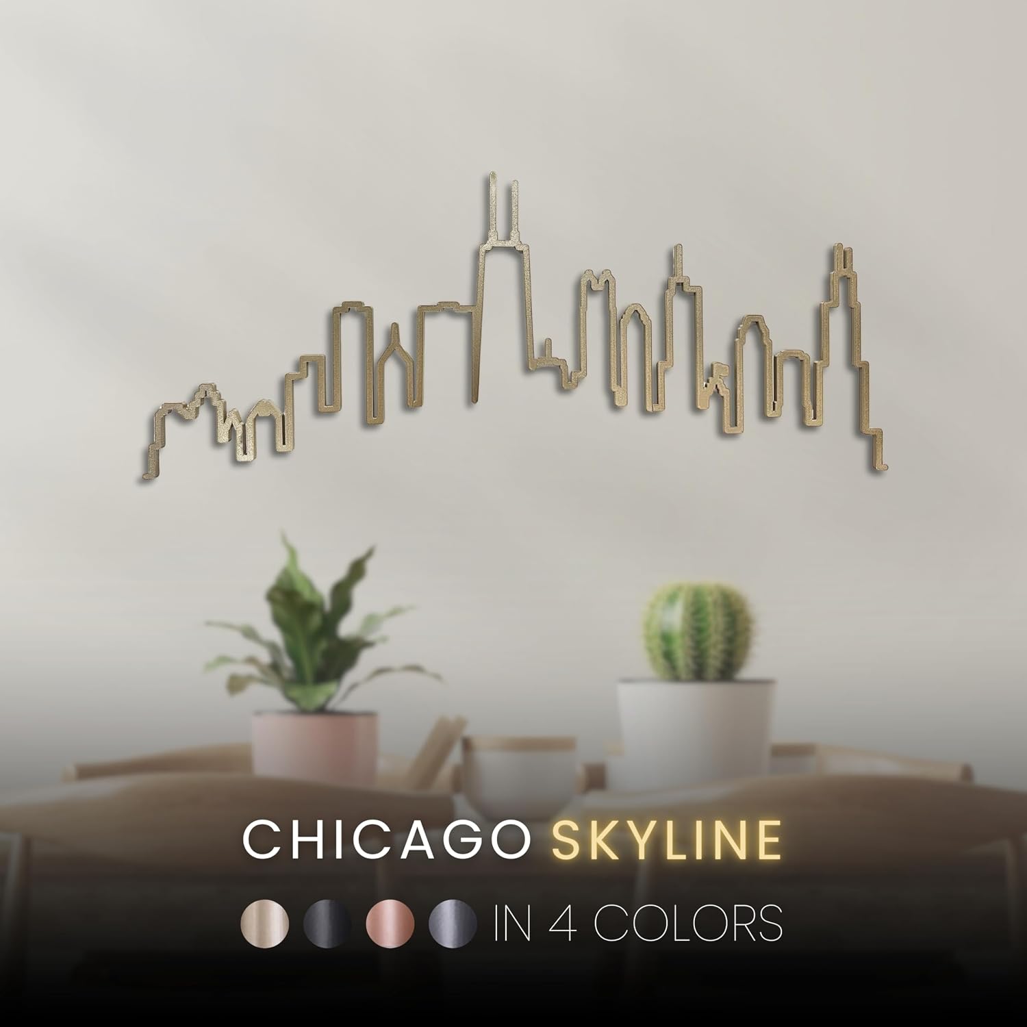 Pamani | Chicago Skyline Wall Art – 3D Cityscape Wall Decor, Large 28" Modern Home Decor for Living Room, Office, Apartment, Minimalist Urban Skyline Art (Champagne Gold)