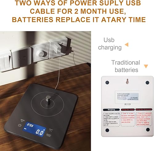 Miniatura 4 de MEGAWISE Báscula de café y alimentos de alta precisión de 0.00 oz con temporizador, fuente de alimentación doble, vidrio templado impermeable, 5