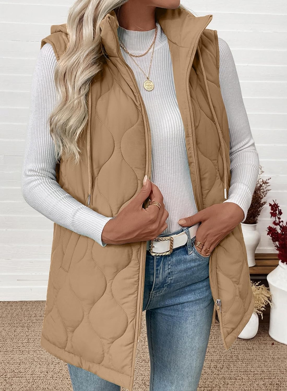 EVALESS Long Puffer Vest Women Sleeveless Hooded Puffer Jacket Lightweight Quilted Jackets Winter Warm Zip Up Coat Outerwear - Image 4