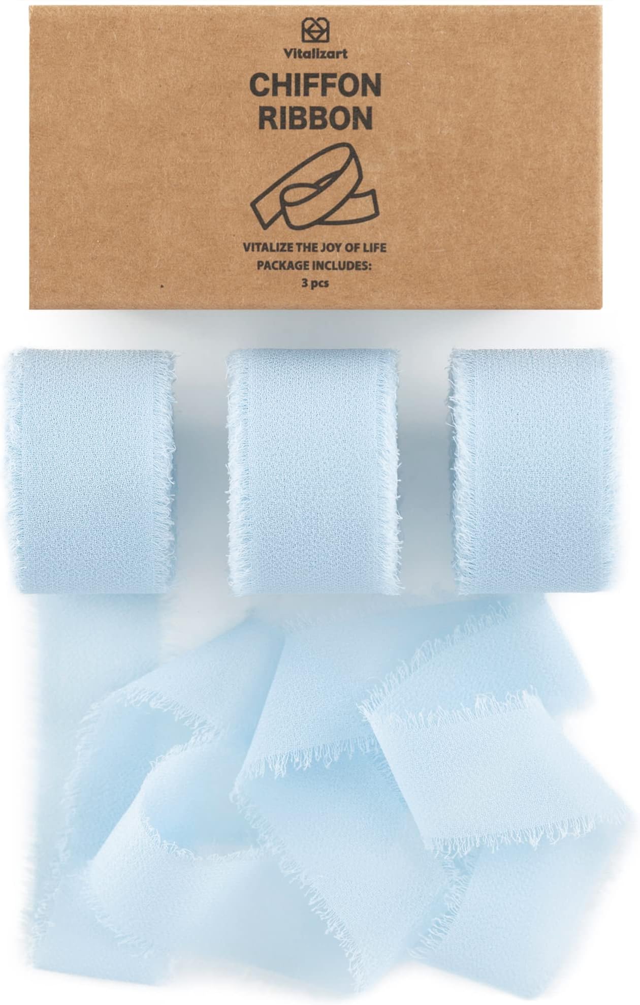 Vitalizart Light Blue Chiffon Silk Ribbon 1" x 21Yd Fringe Fabric Eco-Friendly Package (3 Rolls *7Yd) for Wedding Invitations, Bridal Bouquets, Decorations, Gifts Wrapping & Bow Making