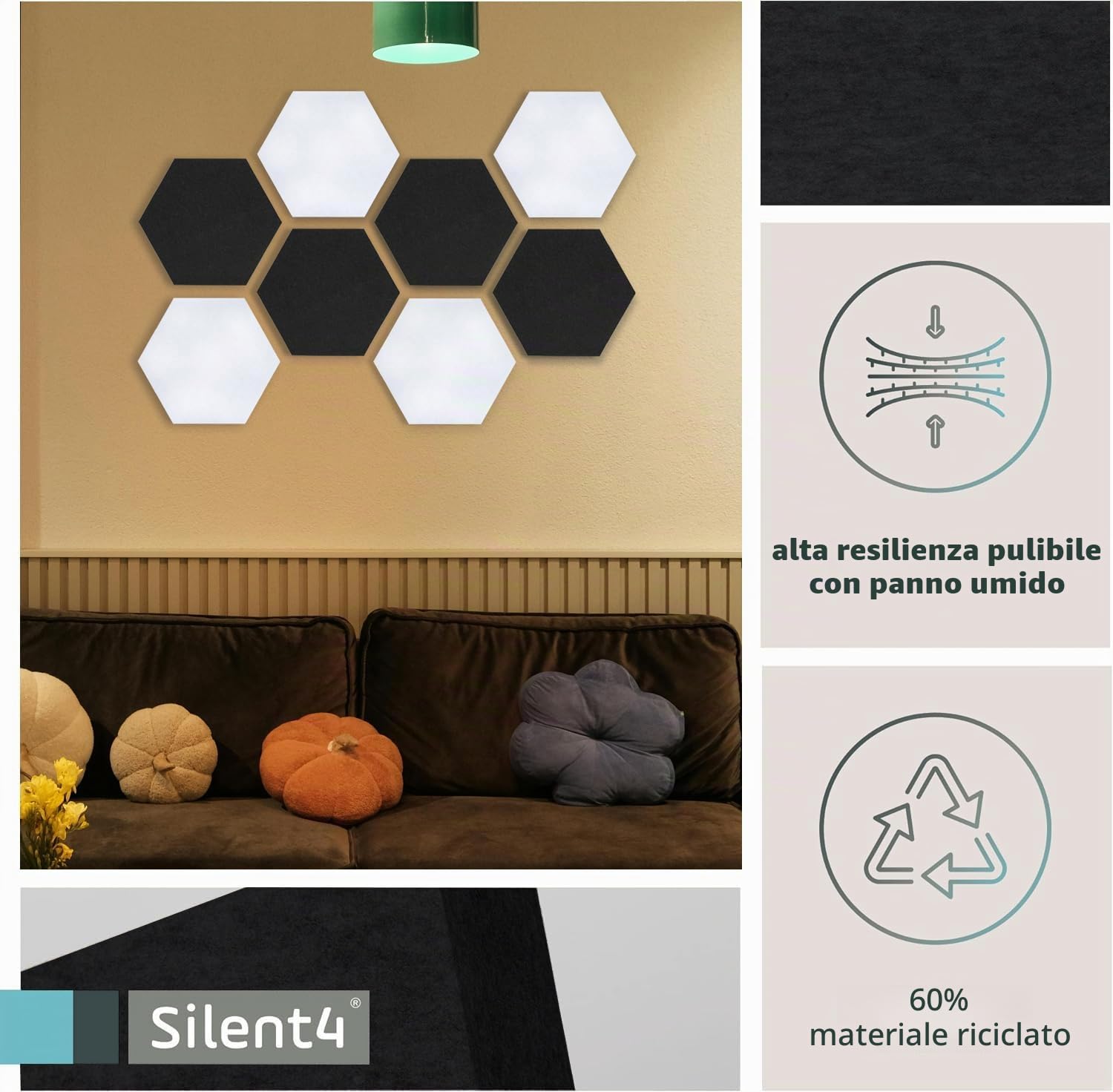 SILENT4® Set di pareti fonoassorbenti HEXAGON, 8 elementi in vello acustico, montaggio adesivo, immagine acustica, miglior suono attraverso i pannelli acustici per l'ufficio, l'home office e il gaming