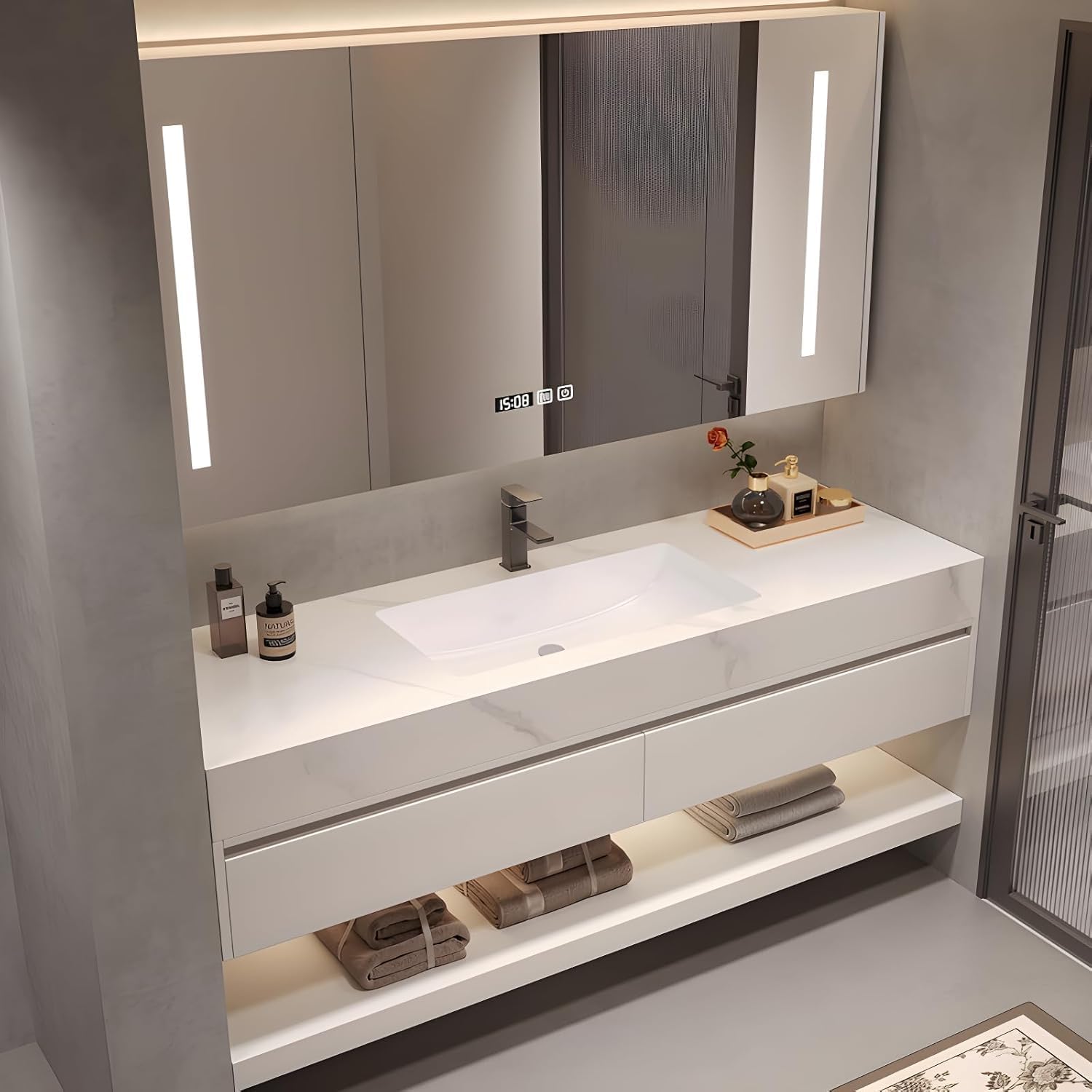 32" Bathroom Vanity with Sink, Sink Bathroom Vanity with Smart LED Defog Mirror Cabinet, Ceramic Sink, Display Time, Soft Closing, Fully Pre-Assembled, Ample Storage, Wall Mounted