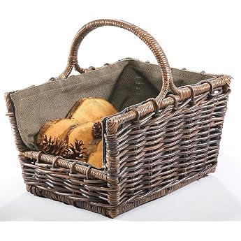 Kobolo Rattan Firewood Basket 50 x 38 x 33 cm Brown Robust Wood Basket with Removable Fabric Insert Practical Wooden Carrier for Firewood and Firewood Decorative Basket for Wood Storage