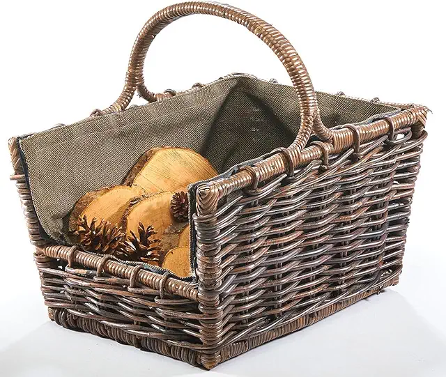 Kobolo Rattan Kaminholzkorb aus Weide | 50x38x33 cm | braun | mit Stoffeinsatz