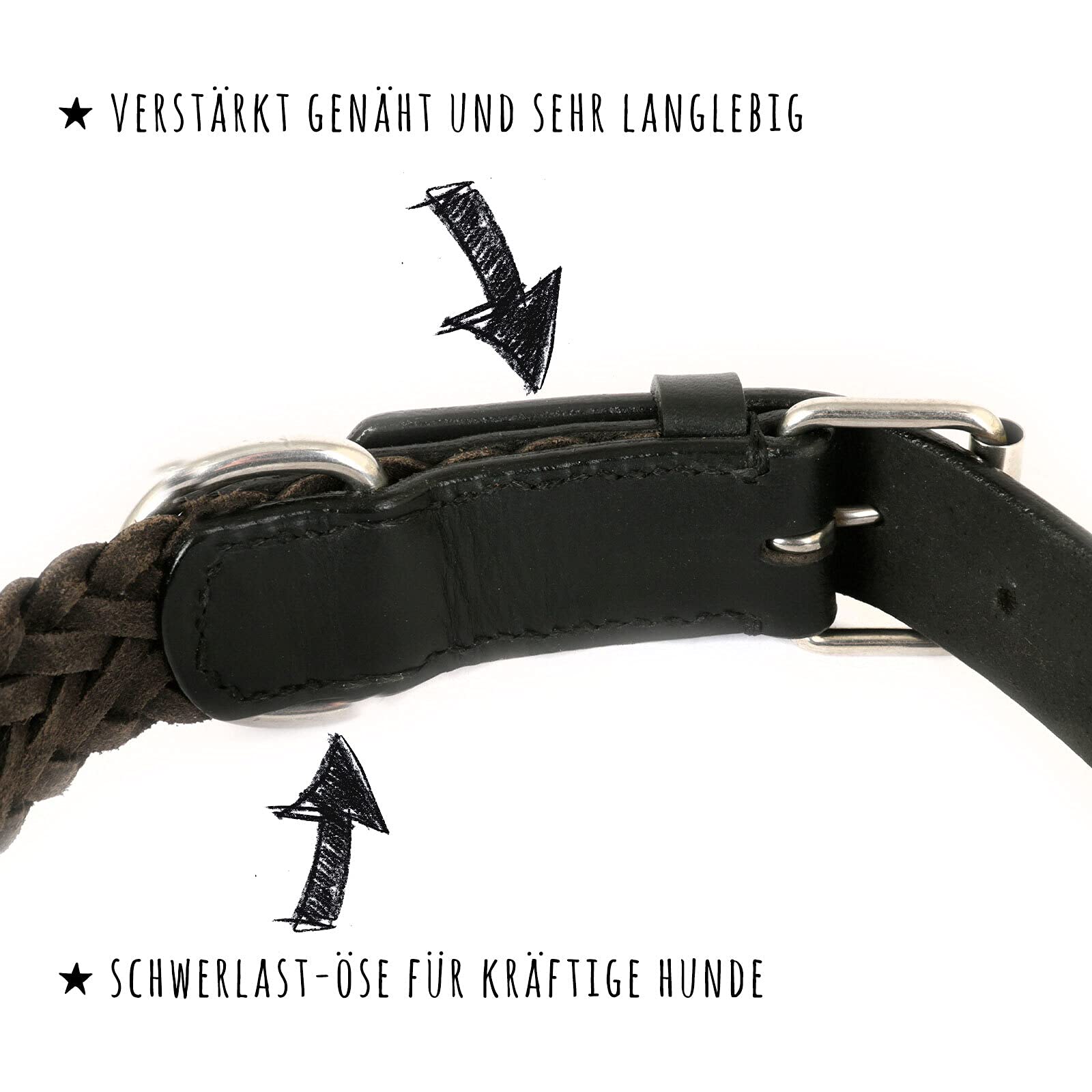 Monkimau Hundehalsband - Halsband für Hunde schwarz echt Leder geflochten verstellbar (30mm x 60cm)