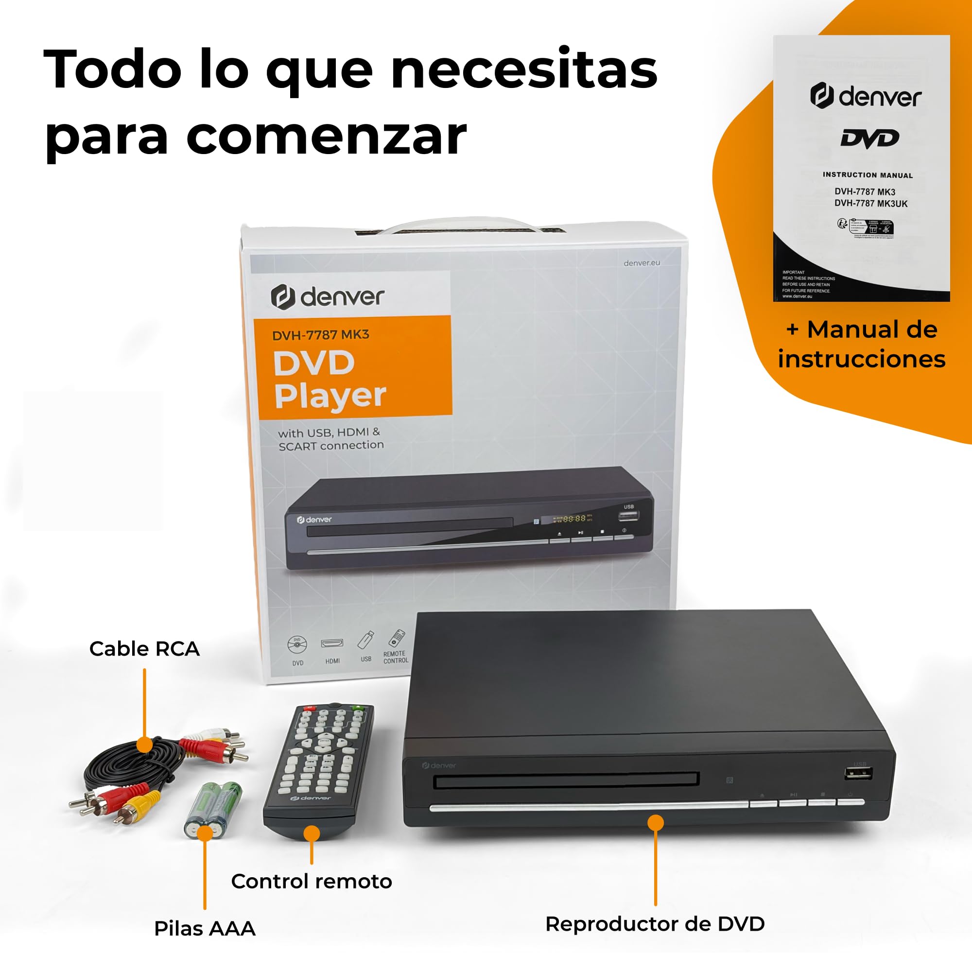 Denver DVH-7787MK3 Reproductor DVD para TV, HDMI, Scart, USB, reescalado 1080p por HDMI, Mando a Distancia, Negro
