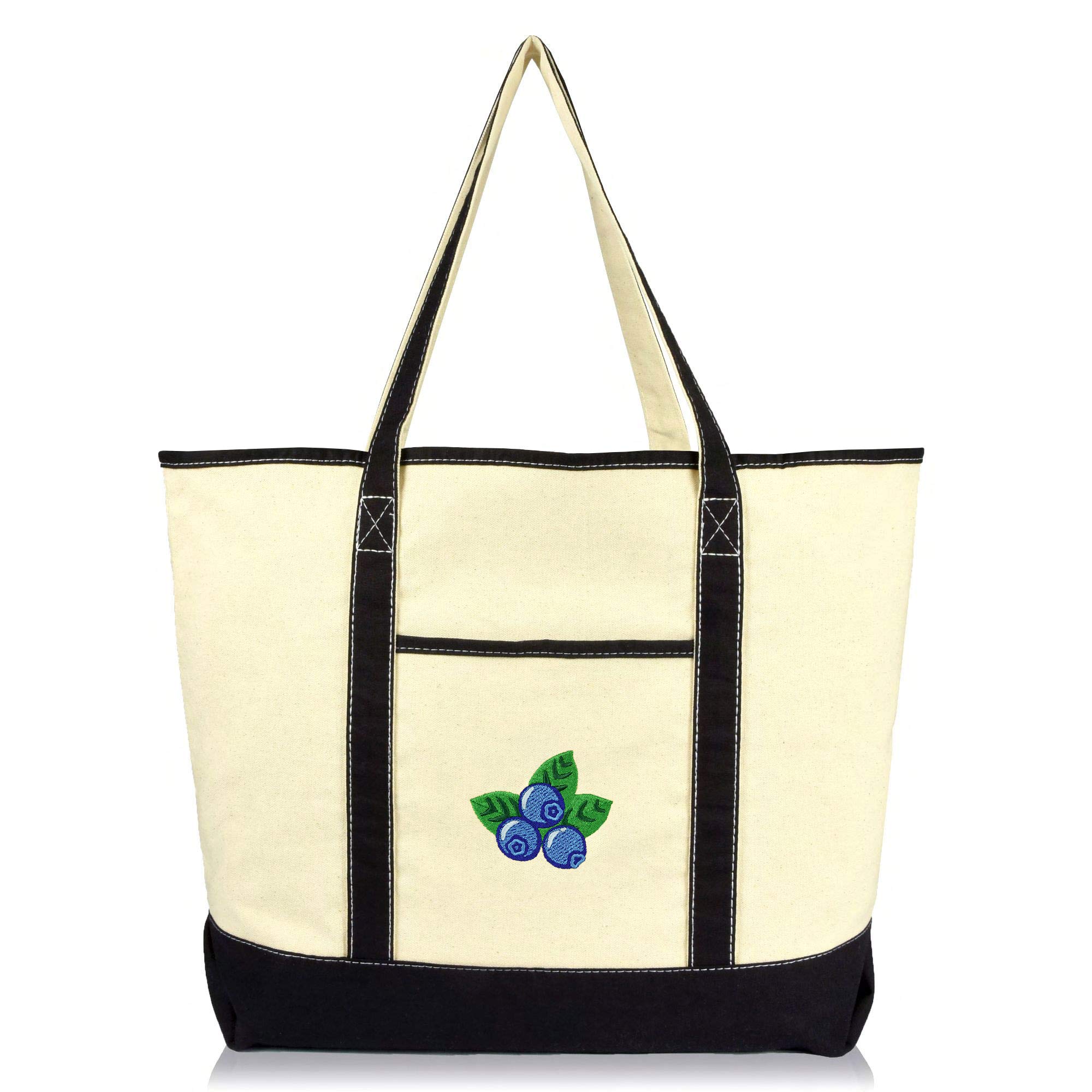 DALIX Blueberry Tote Bag Reusable Grocery Natural Canvas Fruits in Black