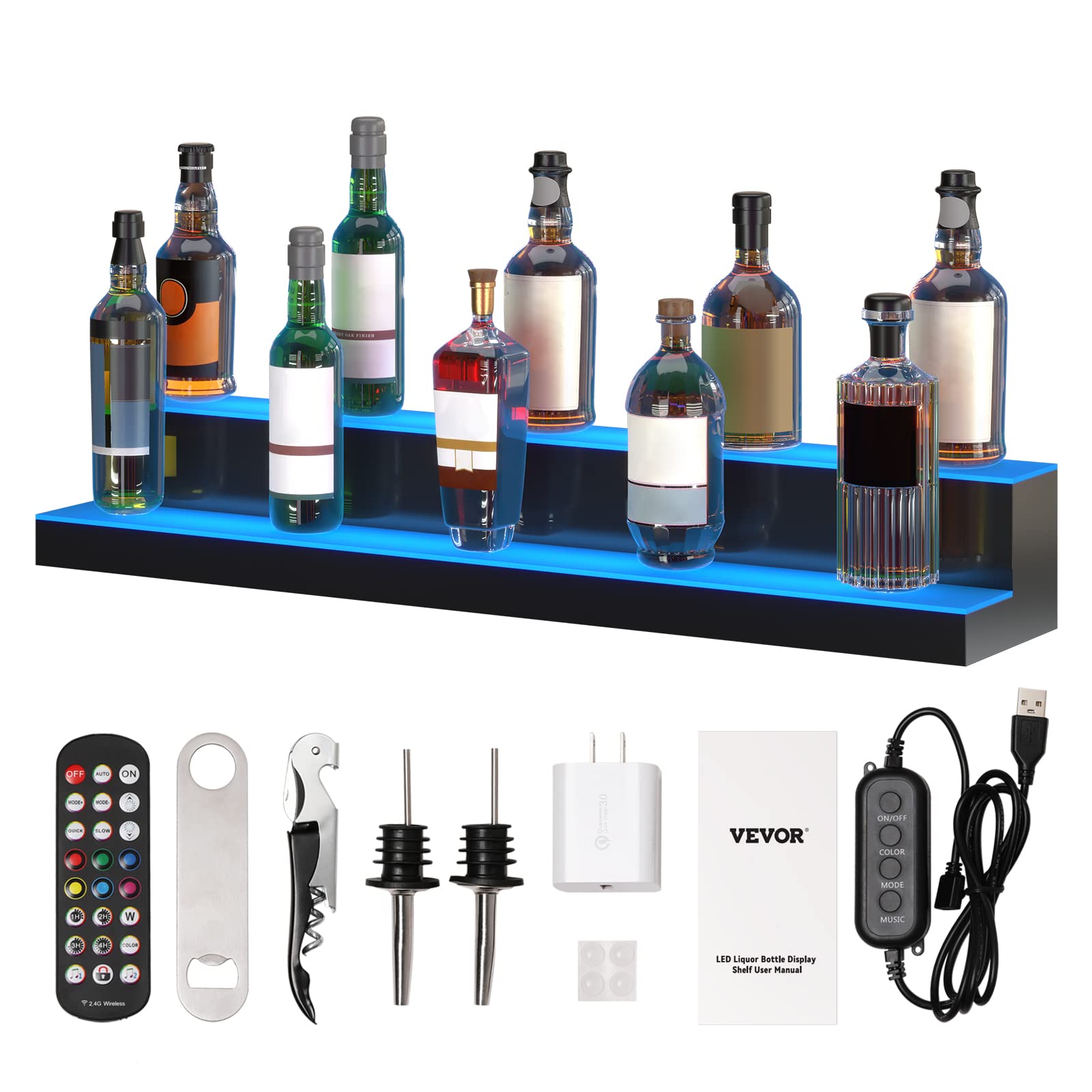 VEVOR Scaffale Portabottiglie di Vino da Bar, Scaffale da Bar Illuminato a LED Telecomando RF Controllo APP, Scaffale Illuminazione per Bevande in Acrilico 2 Ripiani, Portabottiglie 1014x200x150mm