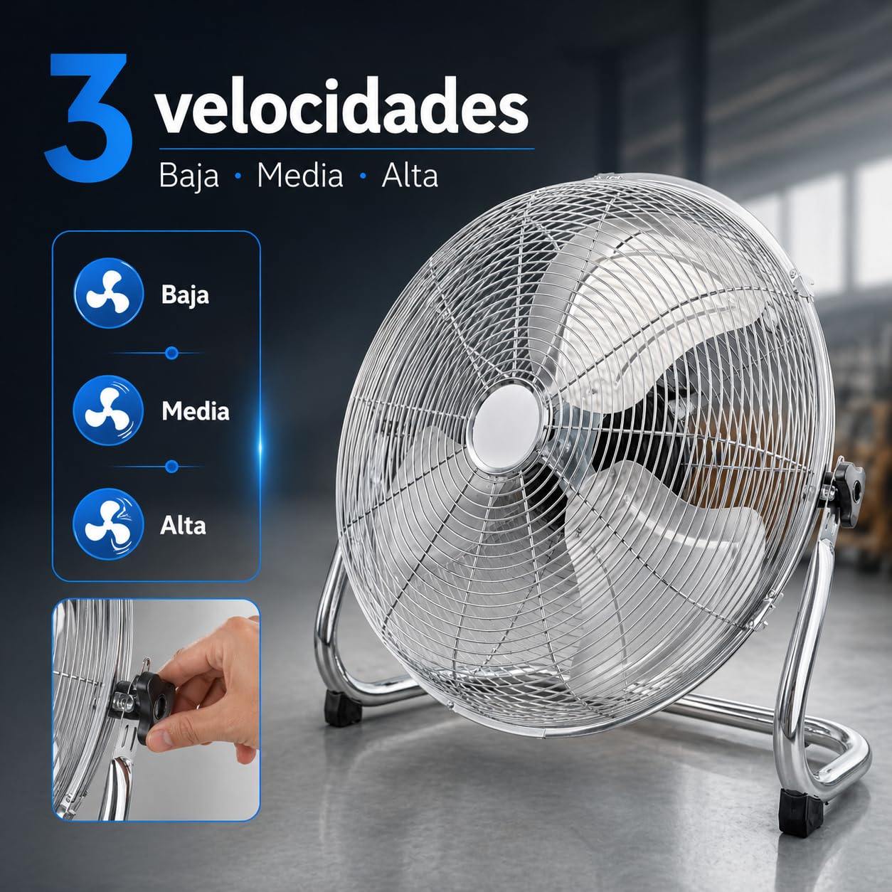 MAXELLPOWER VENTILADOR INDUSTRIAL DE SUELO SOBREMESA 100W 3 VELOCIDADES PARRILLA ASPAS METAL 18" PULGADAS CALIDAD (VENTILADOR SUELO INDUSTRIAL 100W)