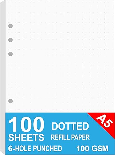 Papel punteado A5, recambios para planificador Filofax, organizador, carpetas, 6 agujeros perforados, 100 hojas200 páginas, 3.53 ozm, blanco, 5.8 x