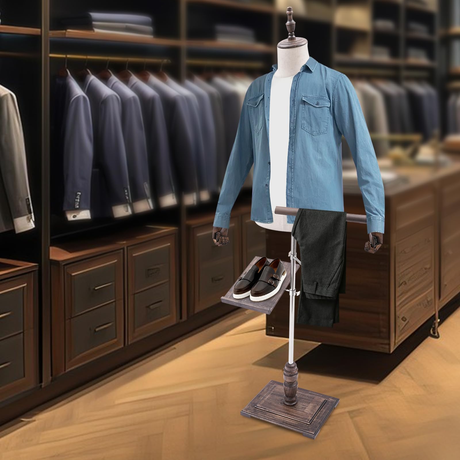 Maniquí masculino de altura ajustable, maniquí de costura, busto para hombres, con soporte para pantalones y soporte para zapatos para exhibir y coser (blanco)