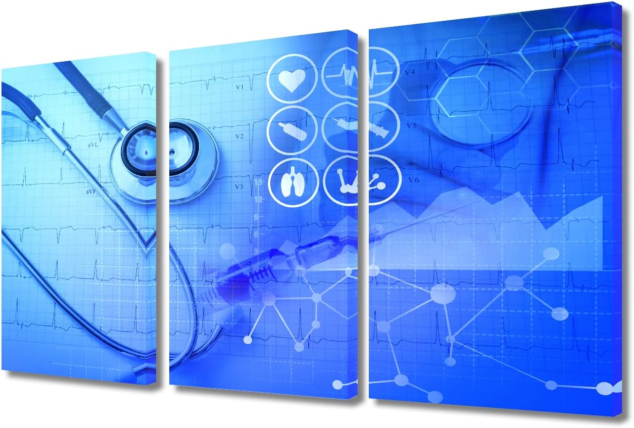 TUMOVO Canvas Wall Art Clinical Laboratory Bathroom Decor Wall Art 3 Piece Medical Stethoscope Research Wall Art Posters and Prints Framed Ready to Hang (36" Wx24 H)