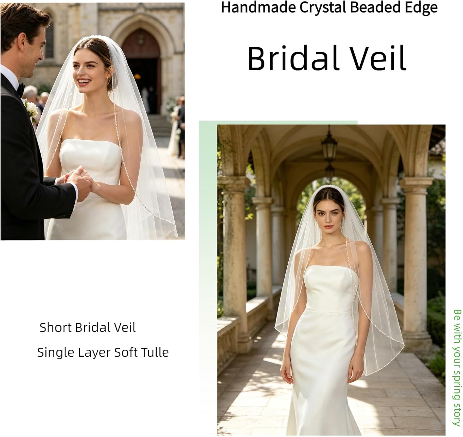 Wedding Veil for Bride Crystal Beaded Edge 1 Tier Fingertip Length Bridal Veil With Comb