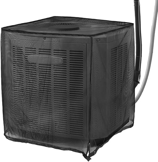 QWORK Full Mesh Air Conditioner Cover, PVC-Coated Polyester Mesh, 32x32x36 Inches, Universal Fit for Outdoor Heating/Cooling Units, Season Protection with Adjustable Drawstring & Strap