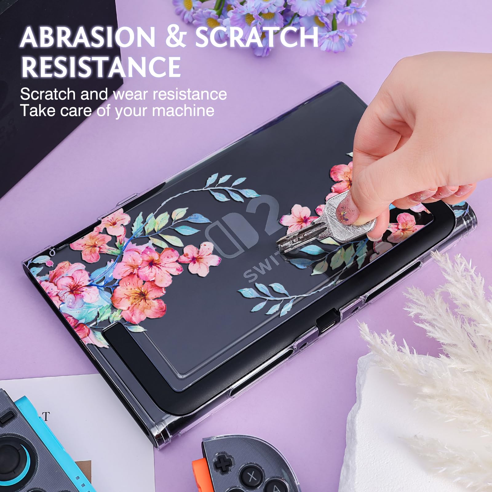 DLseego Klare Hülle Kompatibel mit Switch 2,Anti-Kratzer Schutzhülle Schöne Bedruckte Blumen PC-Hartschale für Switch 2 mit 2 Weichen Joy-C Griffabdeckungen,Pfirsichblüte