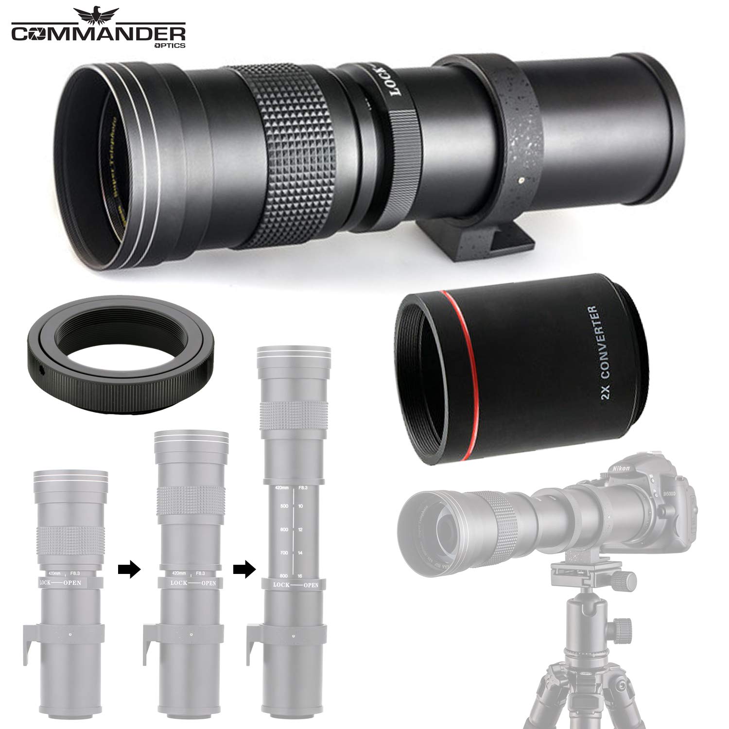 Commander Optics 420-800mm (w/ 2X- 840-1600mm) f/8.3-16 HD Telephoto Zoom Lens for Nikon F Mount Cam