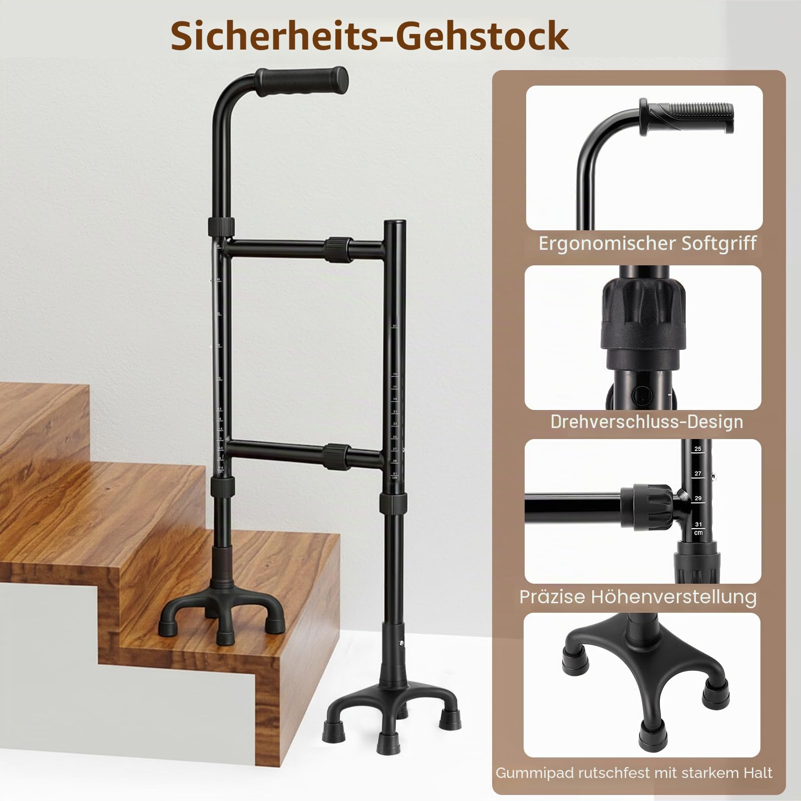 Gehstock, Treppensteighilfe Krücken Gehhilfe Stock Gehhilfe für Senioren Höhe (85-115CM) und Breite(22-36CM) Einstellbar Vierbeinige Basis Vielseitiges Gehstock Treppensteighilfe 2-in-1 Design