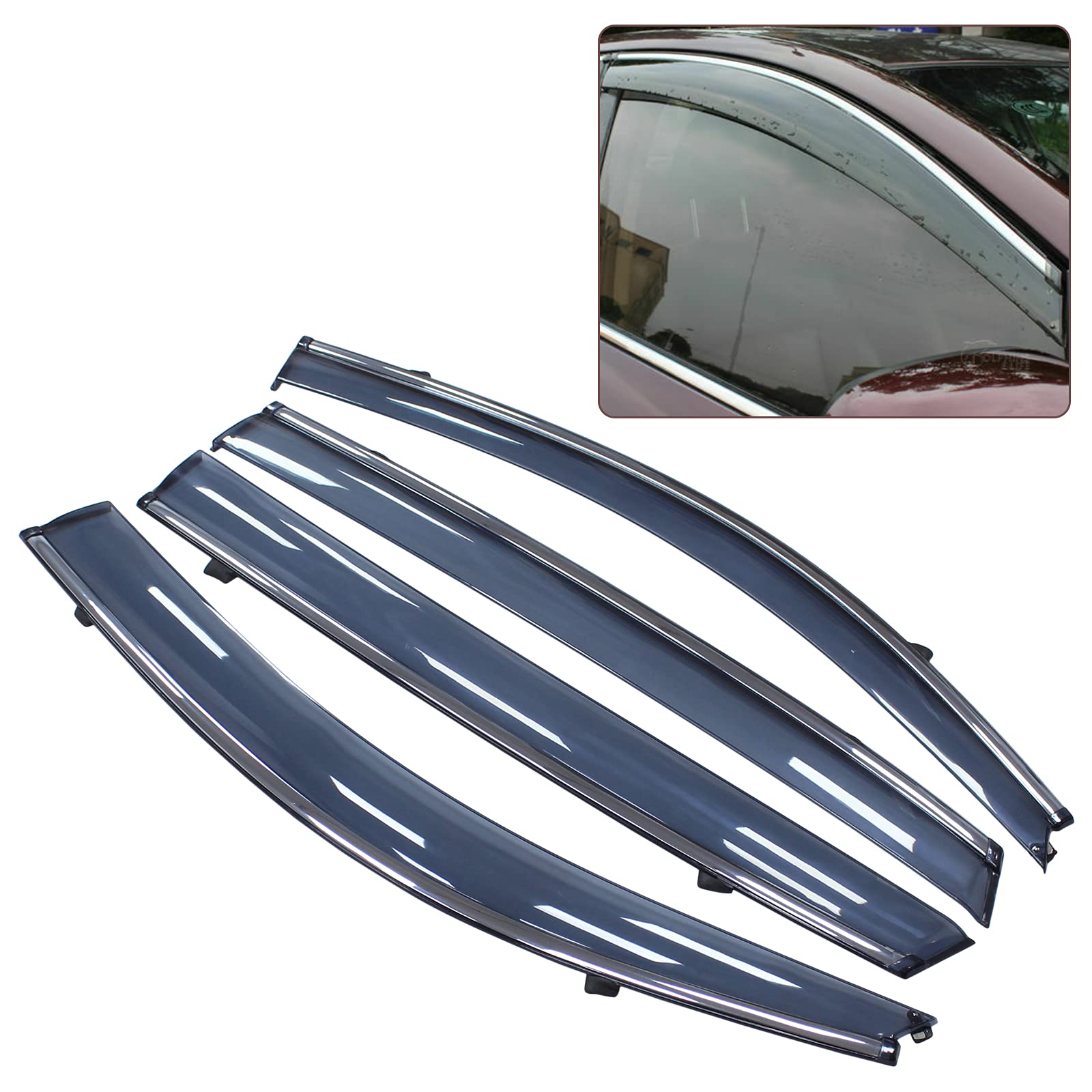 NewYall Front Rear Left and Right Chrome Door Window Visor Wind Rain Guard Deflector Trim