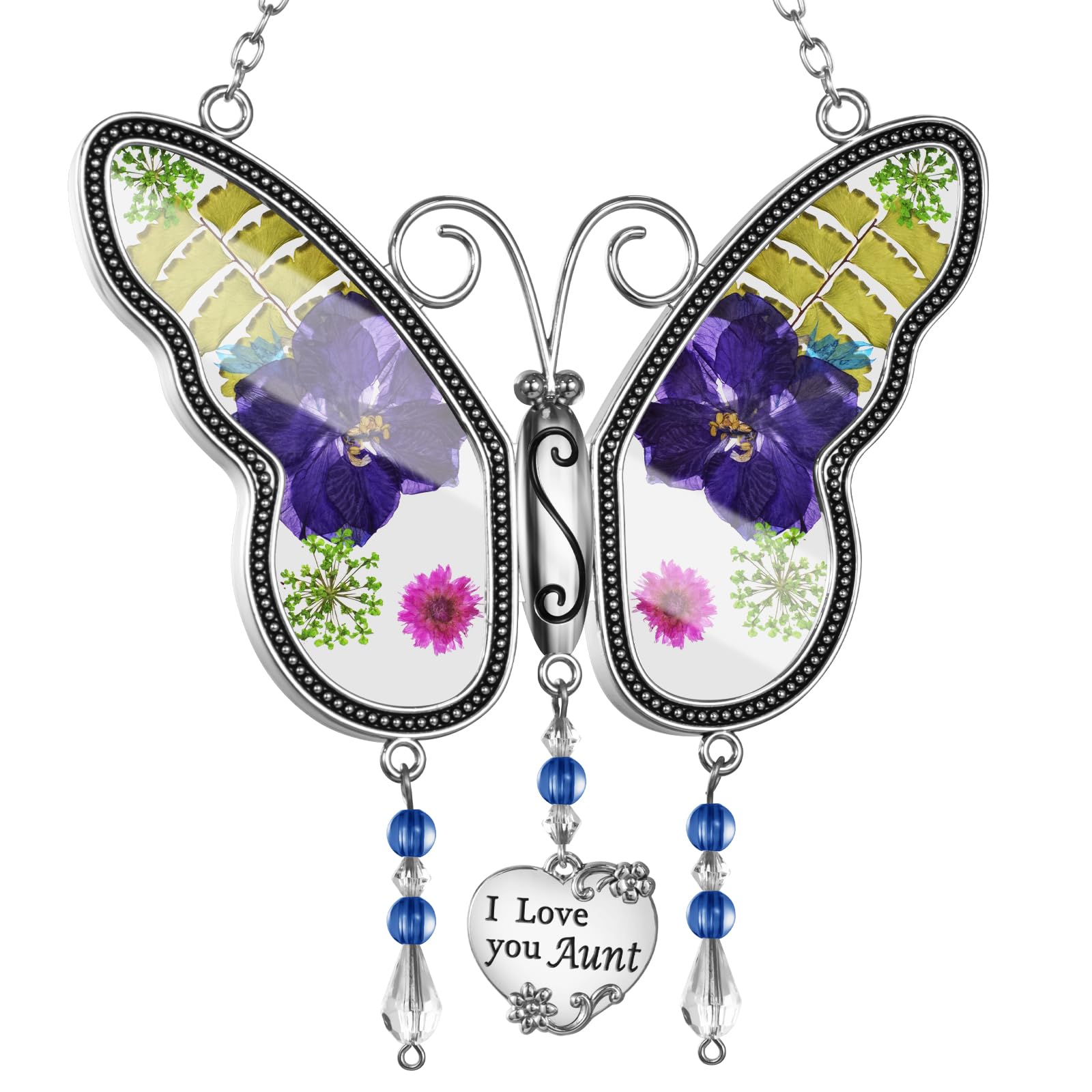 West style Butterfly Suncatcher Wind Chime with Colorful Pressed Real Flower Gifts for Mom, Stained Glass with Hook and Heart Hang Tag, Birthday for Mom's Grandmother (Purple Aunt)