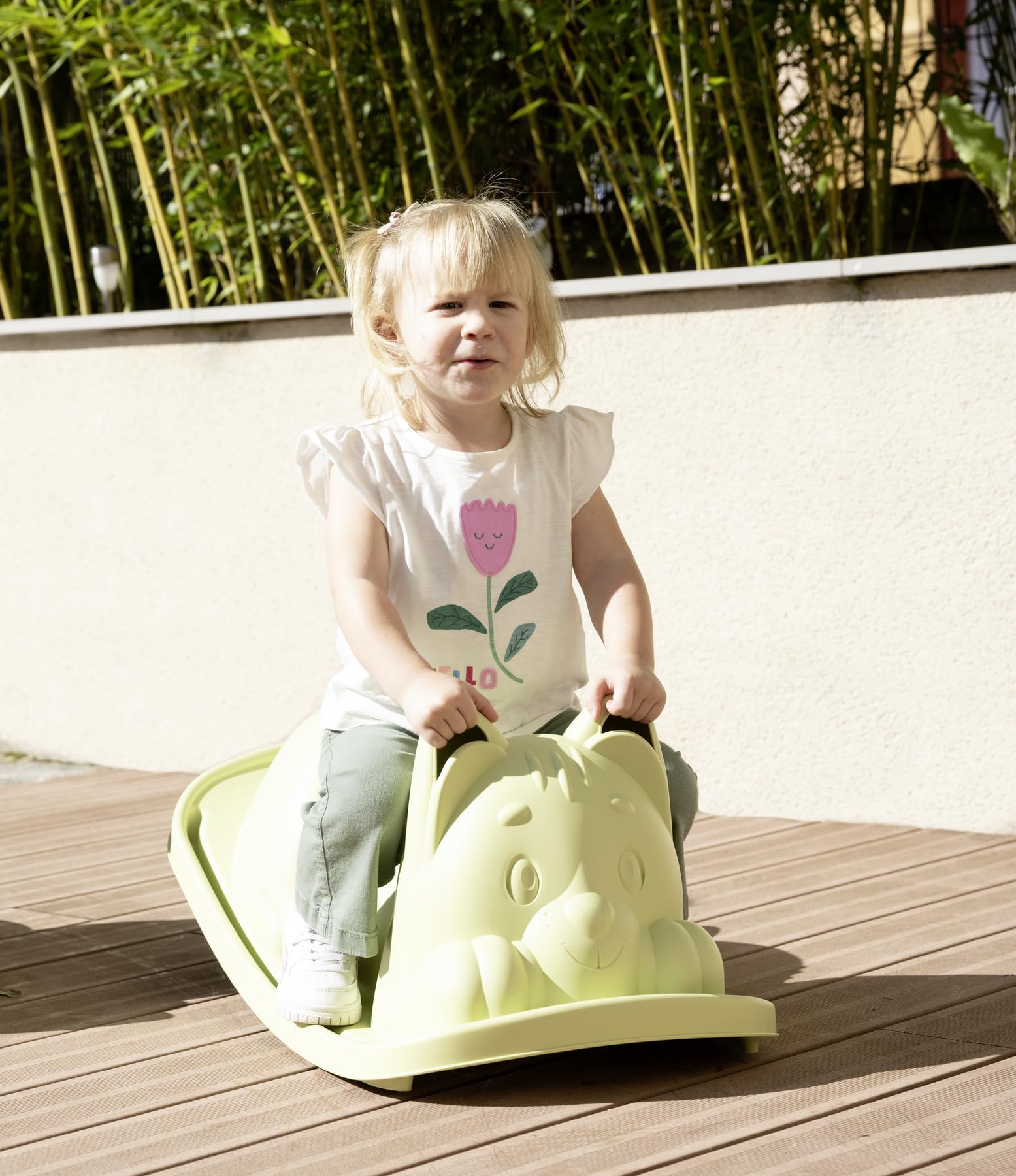 Smoby Life Balancín Gato Verde - Asiento Ergonómico, Orejas para Agarre, Anti-UV, Plástico Reciclado – Juego infantil aire libre,+ 18 Meses (7600830108)