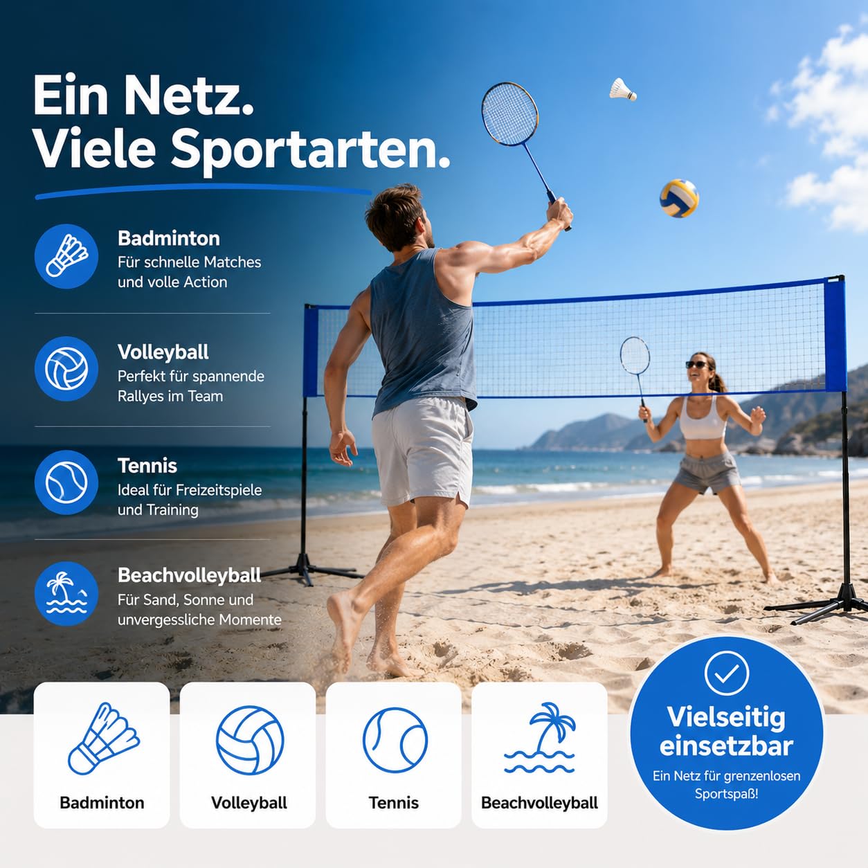 Rete da badminton pieghevole da 3,1 m, con supporto regolabile in altezza 107/105/150 cm e borsa per il trasporto, rete sportiva per volano, tennis, pallavolo o beach volley, rete in nylon, facile da