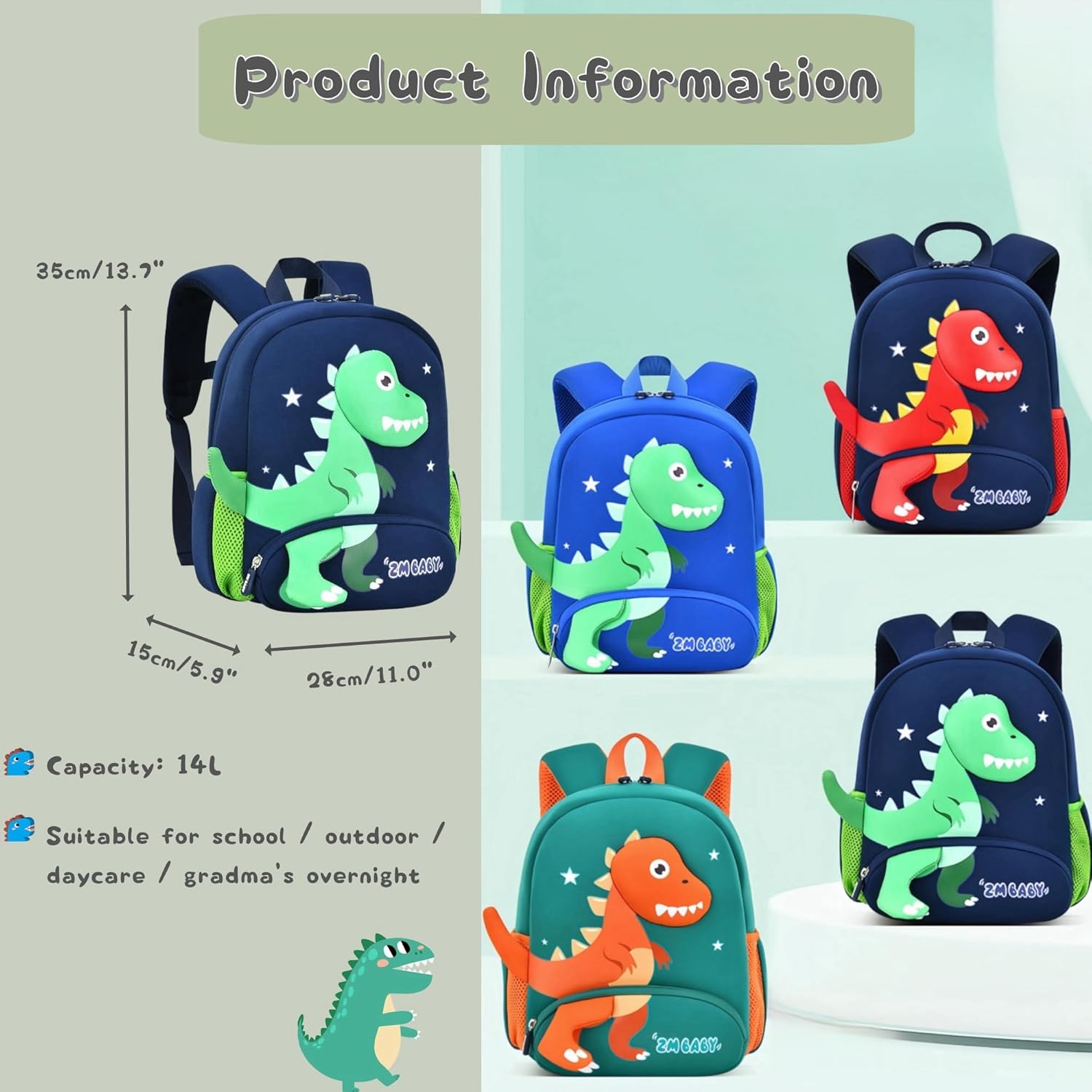 Dinosaur Anti-lost Backpack for Toddler Boys,Kids Bookbag for Preschool Boys Backpack, Fit A4 Folder, 02-Green+Orange - Image 3