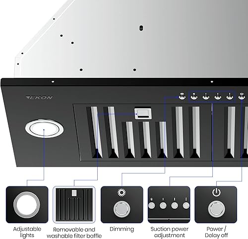 Miniatura 5 de Range Hood Insert, EKON NAB01-30IN Black 900CFM Built-in Range Hoods DuctedDuctless with 4-Speed Soft Touch Panel ControlDishwasher-safe Filters,