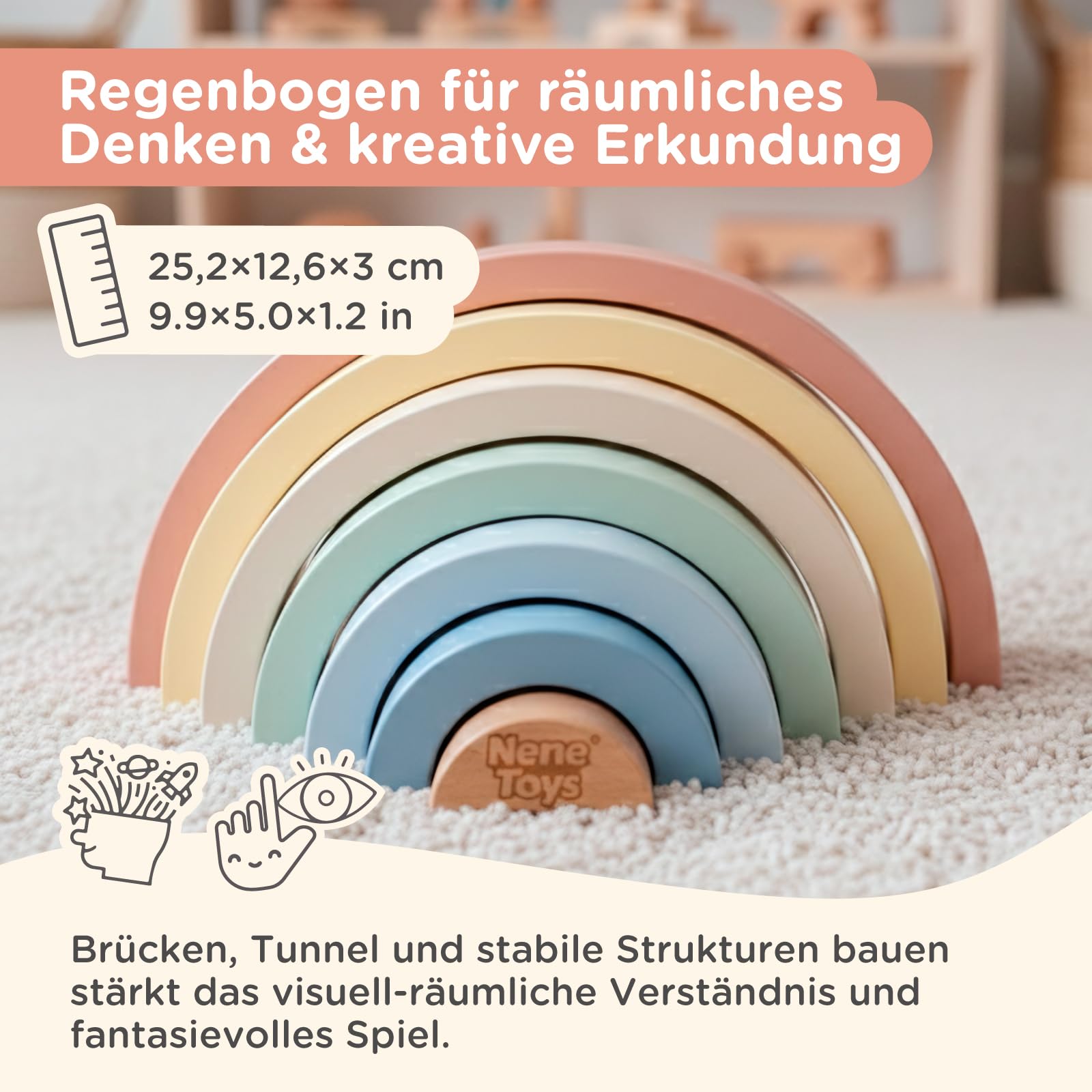 Nene Toys Montessori Holzspielzeug ab 1 Jahr – FSC 3-in-1 Regenbogen, Stapelturm & Sortier-Steckspiel – Motorikspielzeug Kleinkinder 1–3 Jahre – Lernspielzeug Geschenk Jungen Mädchen – Pastellfarben