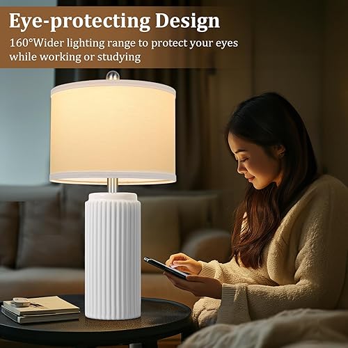 Miniatura 7 de TOBUSA Juego de 2 lámparas modernas de cerámica blanca de 23.5 pulgadas, lámparas de mesa auxiliares retro para sala de estar, mesita de noche de