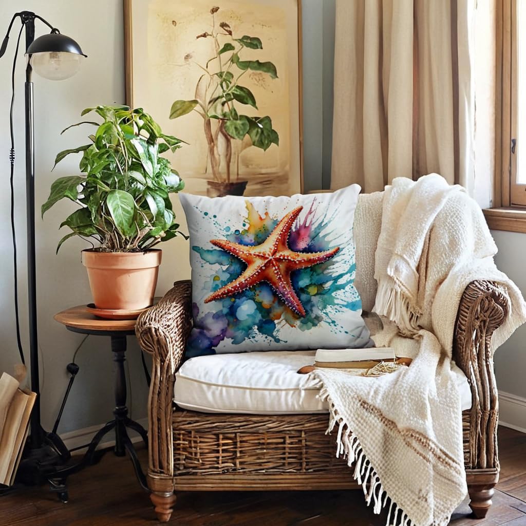 Sea Life Pillow Covers 18x18 Inch Watercolor Ocean Animals Sea Turtle,Sea Horse,Starfish Cushion Case Coastal Beach Theme Farmhouse Home Decoration 4Pack Square Pillowcase for Patio Couch Sofa (Multi) - Image 2