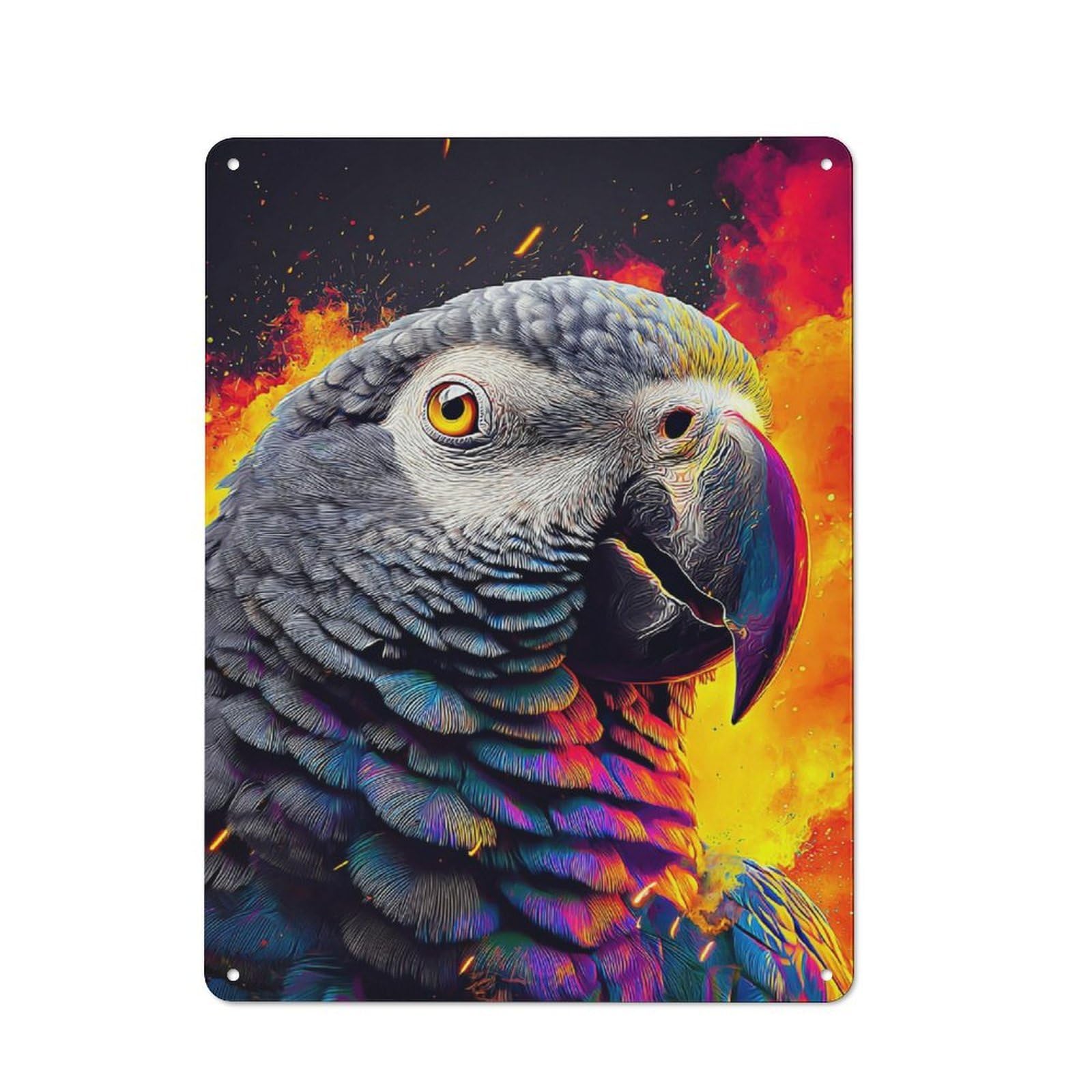 Junmoney Colorful Parrot Against Fiery Background Rustic Metal Plaque 40X30cm For Hobby Room Or Studio, For Creative Interior Collectors