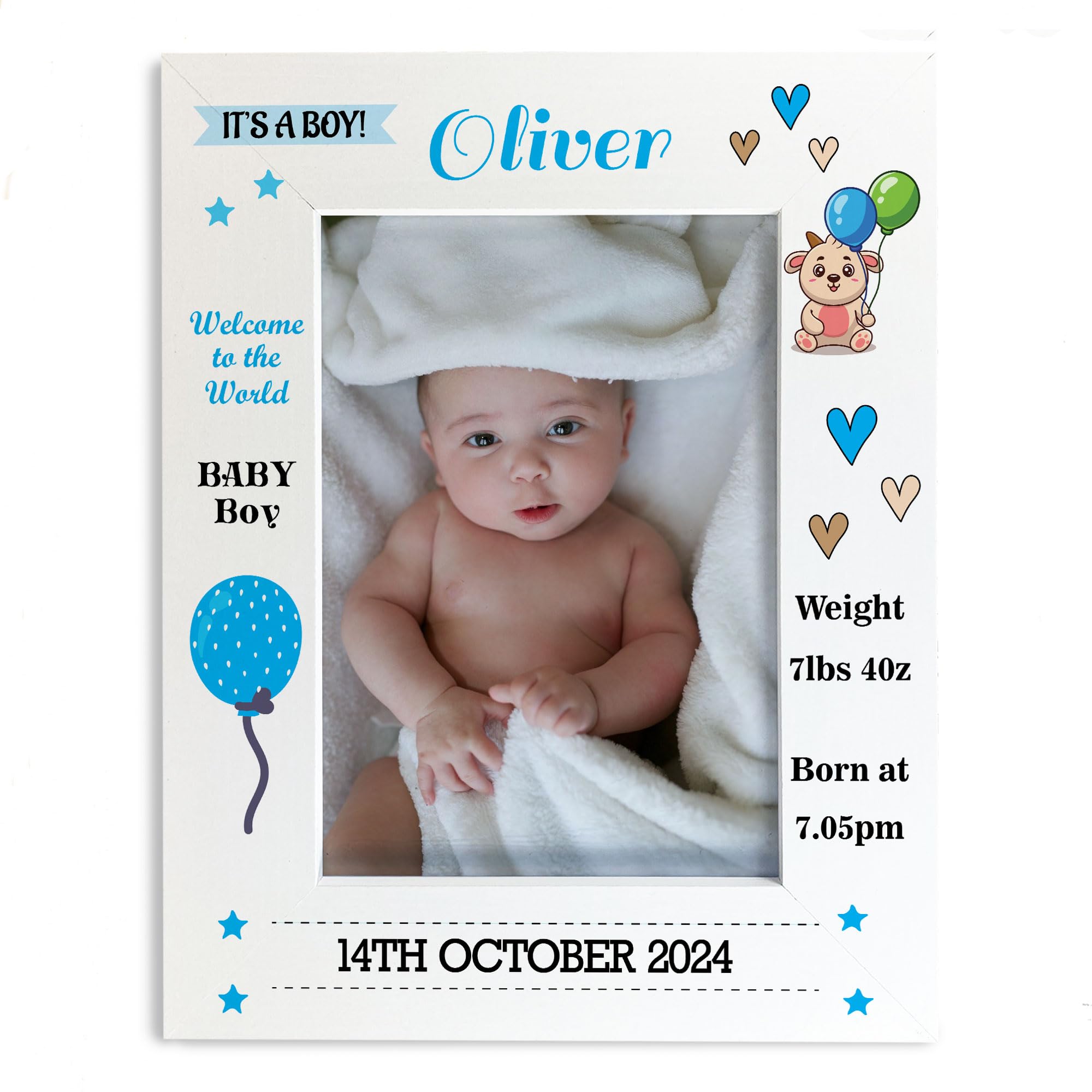Personalised Baby Boy Photo Frame With Birth Details and Cute Design New Baby Gift Nursery Photo Frame Baby Photo Frame Gift For New Mummy Daddy Keepsake (Design 2)