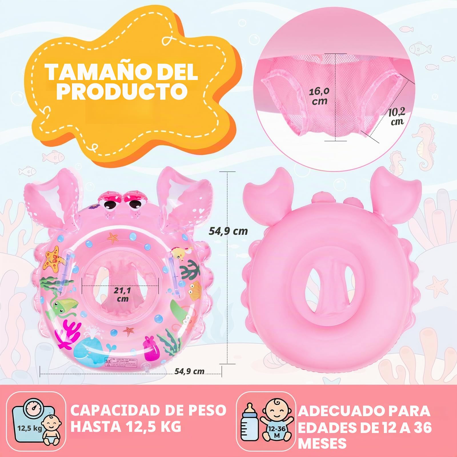 Ninonly Flotador Bebe Anillo de Natación Inflable Asiento con Bomba de Aire,2Parches de Reparación para Niños de 12 a 36 Meses Baño y Entrenamiento de Natación,Piscina,Playa,Bañera (Rosa Cangrejo)