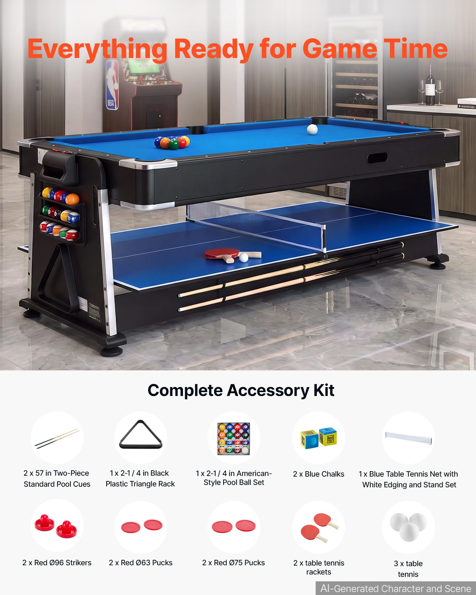 VEVOR Table Multijeux 221,5 cm, Air Hockey, Ping-Pong et Billard 3 en 1