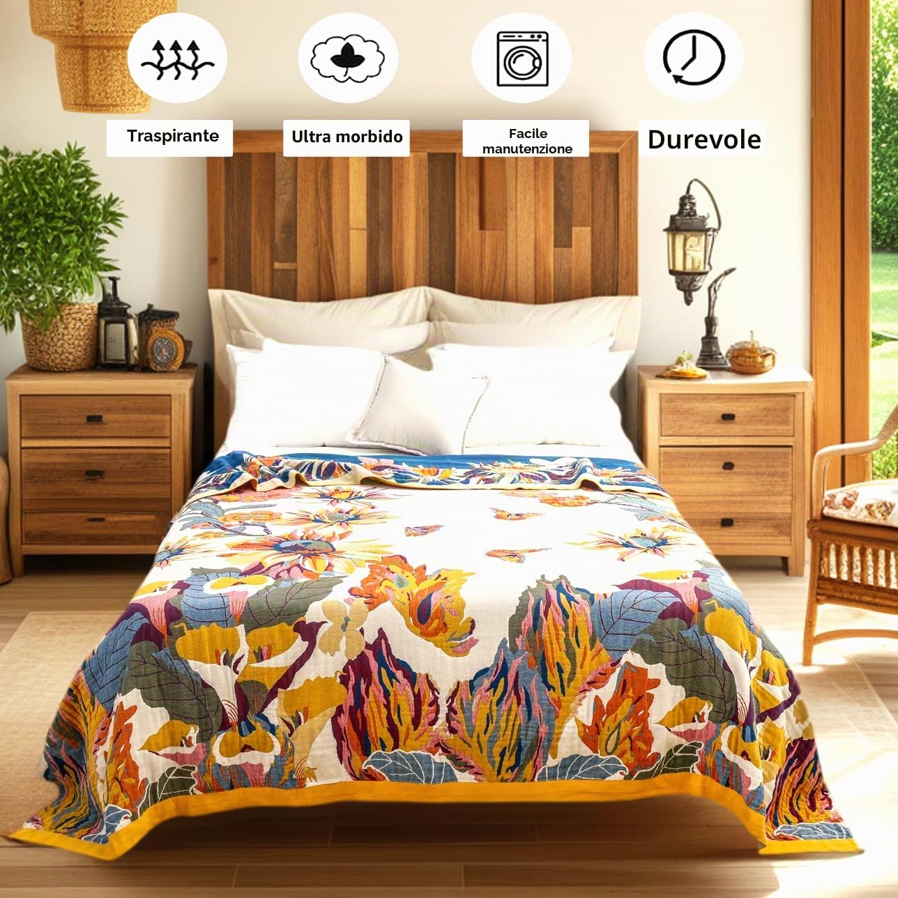 VANJOROY Coperta per Divano Grande in Musola 100% Cotone, Morbida e Amica della Pelle, Copriletto di Lusso Bohemian per Divani a 2 o 3 Posti, Poltrone, Divani e Copriletto. 150 x 200 cm - Beigebianco