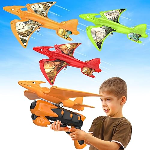 Paquete de 3 juguetes lanzadores de aviones de dinosaurio, juguetes voladores para niños de 3, 4, 5, 6, 7, 8, 9, 10 años, juguetes para niños de 5 a