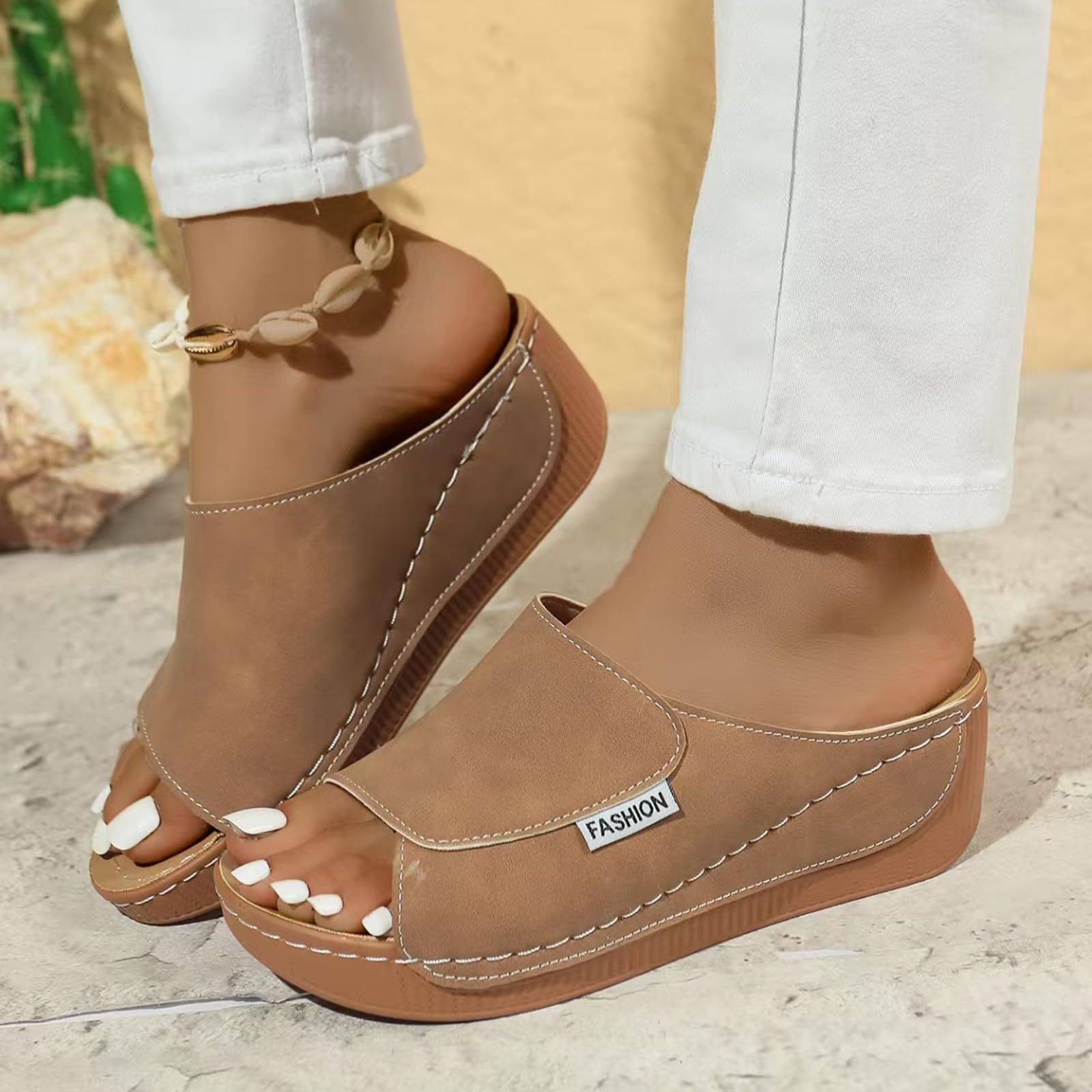 Générique Sandales Femme été Mode Mules Compensées Chaussons orthopédique Confortable Bout Ouvert Plateforme Pantoufles Chaussures de Plage