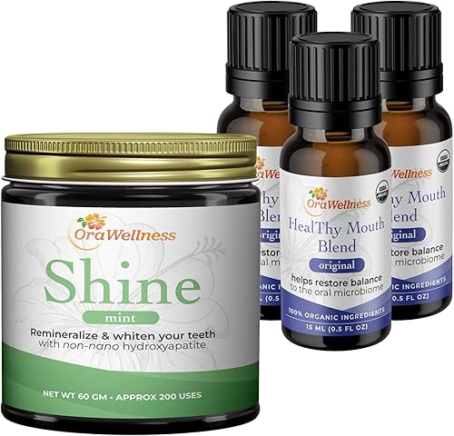 OraWellness Shine Remineralizing - Polvo natural blanqueador de dientes en menta + mezcla de boca saludable, pasta de dientes orgánica y aceite de