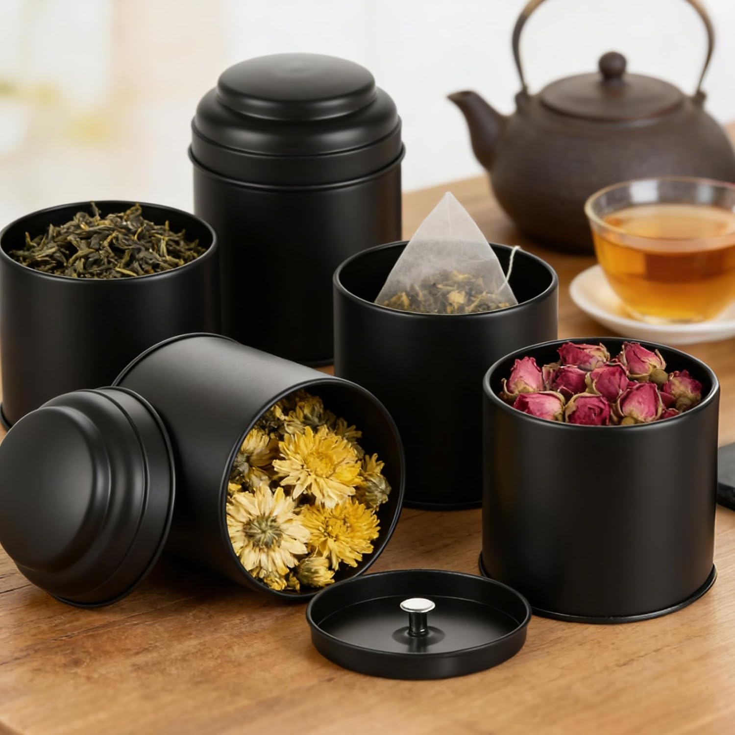 Acrux7 15PCS Tea Tins for Loose Tea 8oz Tea Containers Double Lid | Airtight Loose Leaf Tea Canister Small Metal Storage Tin with Labels for Tea Bag, Coffee, Cube Sugar, Herb, Spice (Black)