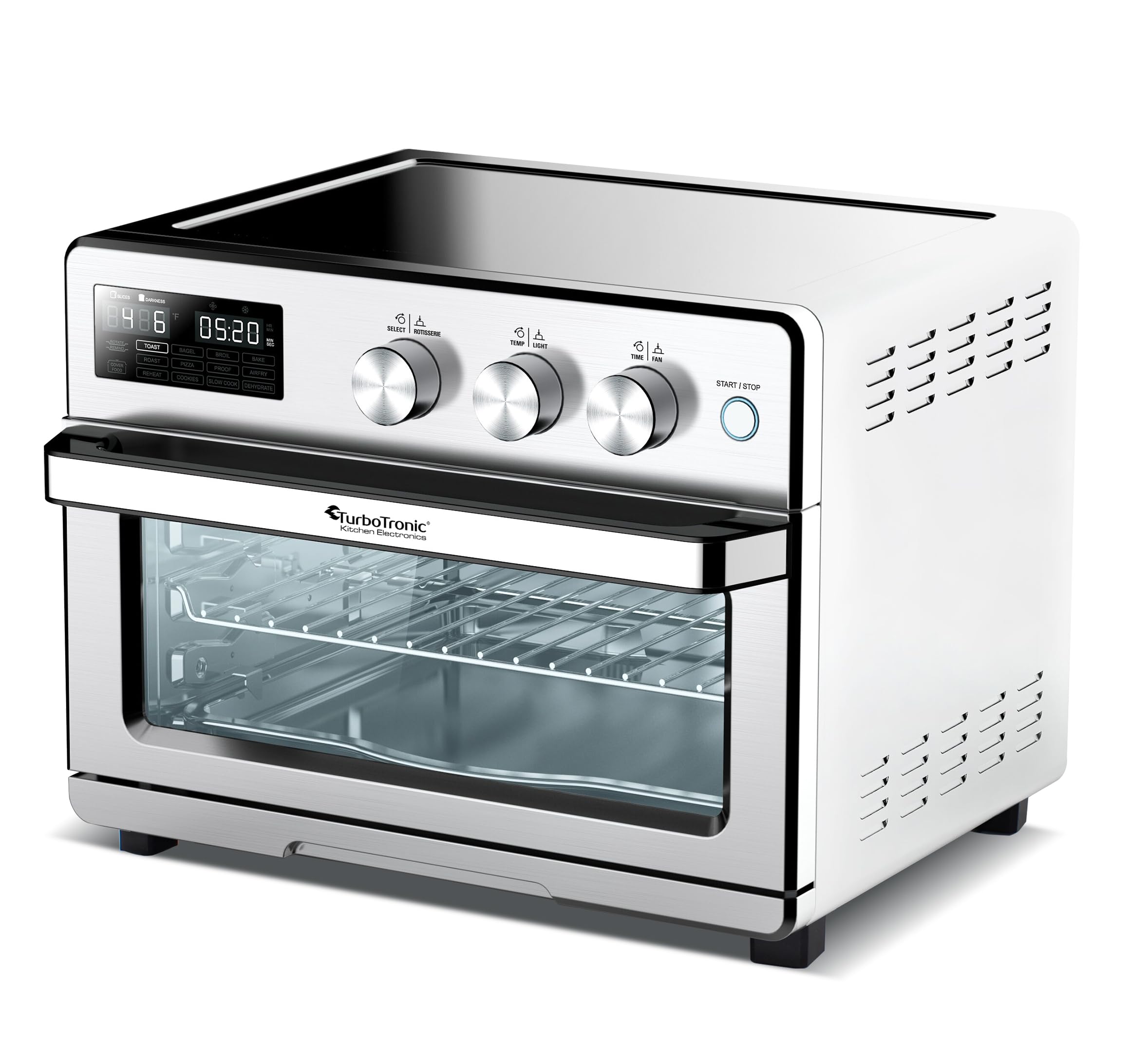 TurboTronic digitaler Heißluftofen - XXL 32 Liter mit Drehspieß für Hähnchen 5 in1 Mini Backofen, Dörrer & Power Heißluftfritteuse Airfryer ab 25°C