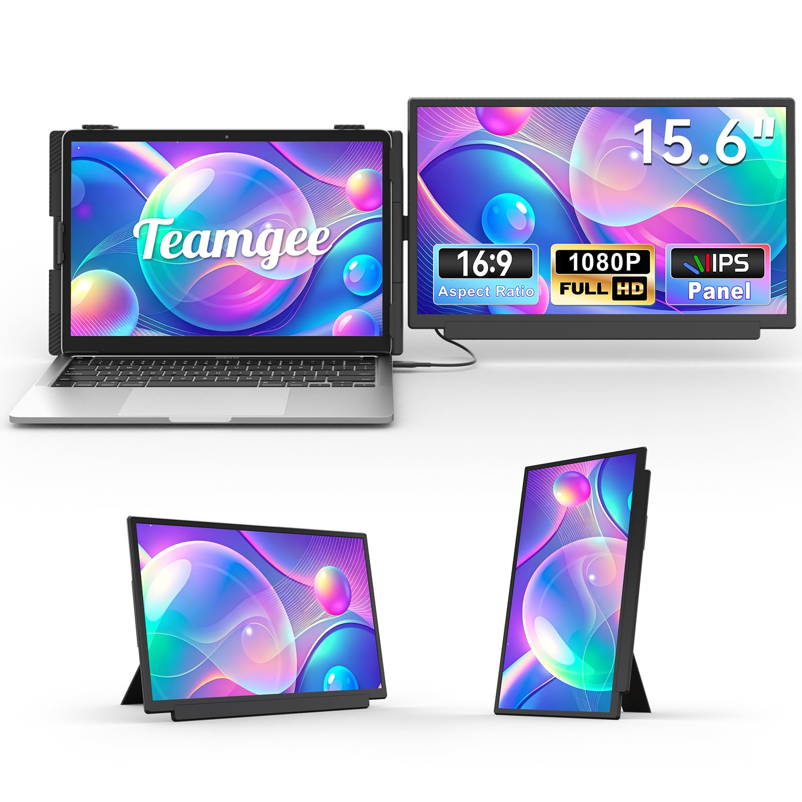 Teamgee 15.6" Monitor Portátil, FHD 1080P Extensor de Pantalla para Portátil para PC 13"-17", Desmontable, HDMI/USB-A/Type-C Plug and Play for Wins/Mac/Dex/Chrome