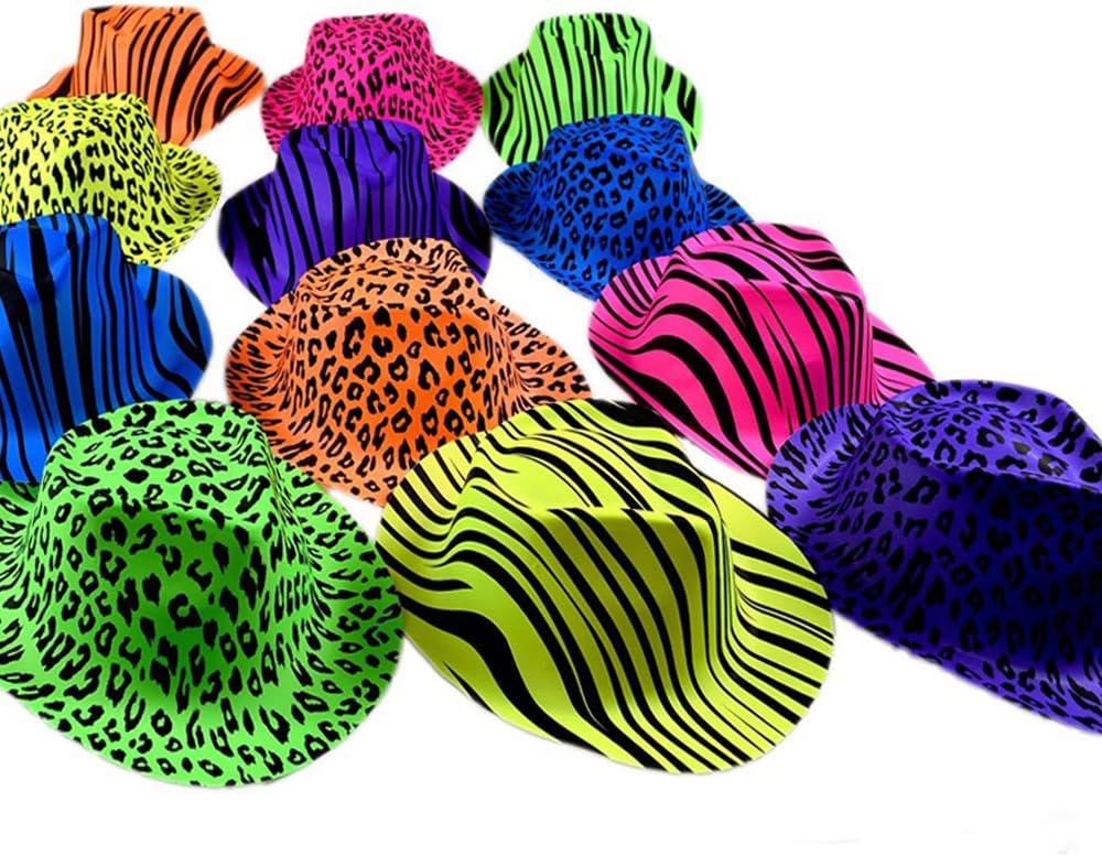 Neon Animal Print Plastic Party Hats, Fedora with Gangster Mafia Style, Blacklight Glow Party Hats(12/24 Pack)