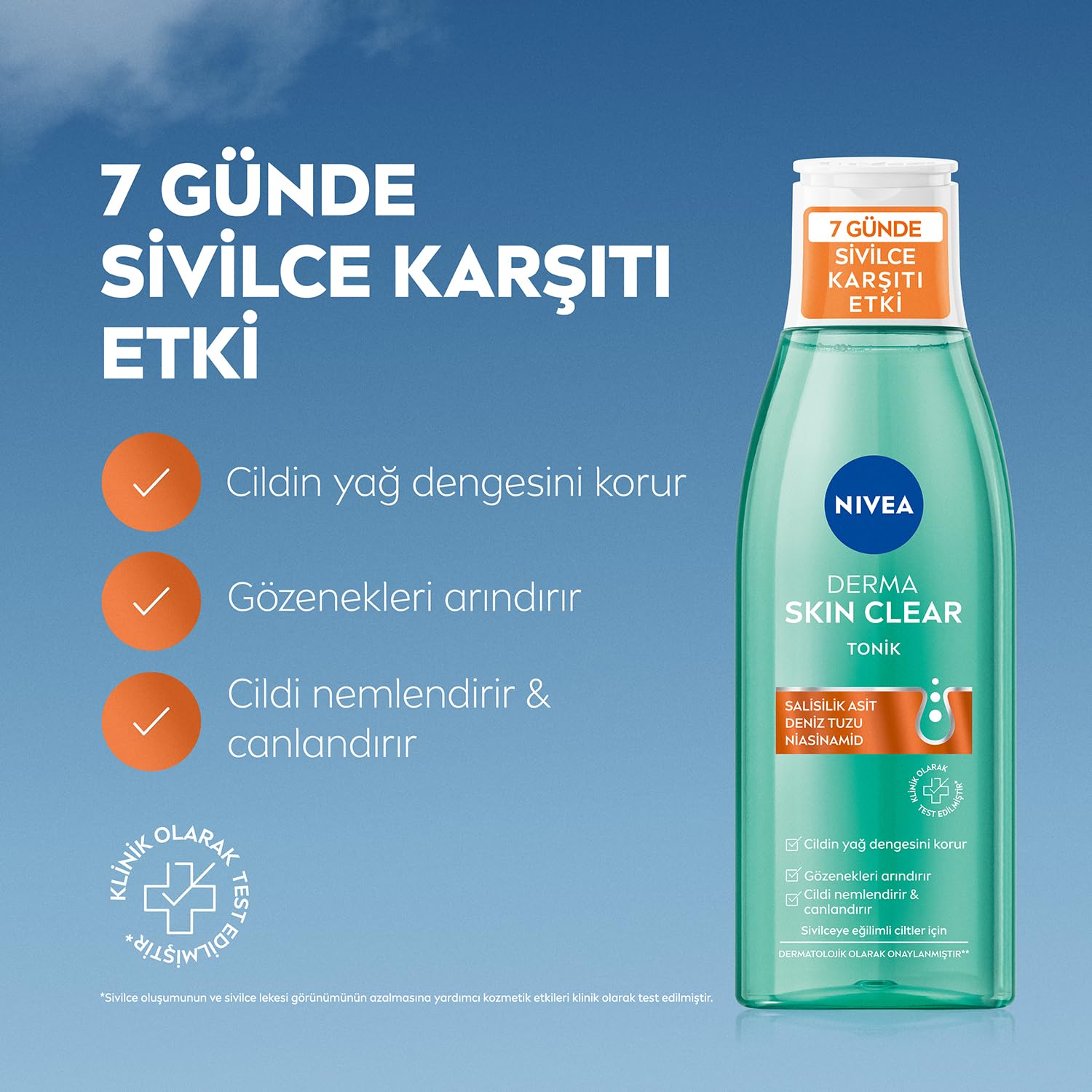 NIVEA Derma Skin Clear Sivilce Karşıtı Tonik 200ml,Gözenek Arındırıcı,Cildin Yağ Dengesini Korur,Nemlendirir,Salisilik Asit (BHA) Deniz Tuzu, Niasinamid,Sivilceye Eğilimli Ciltler