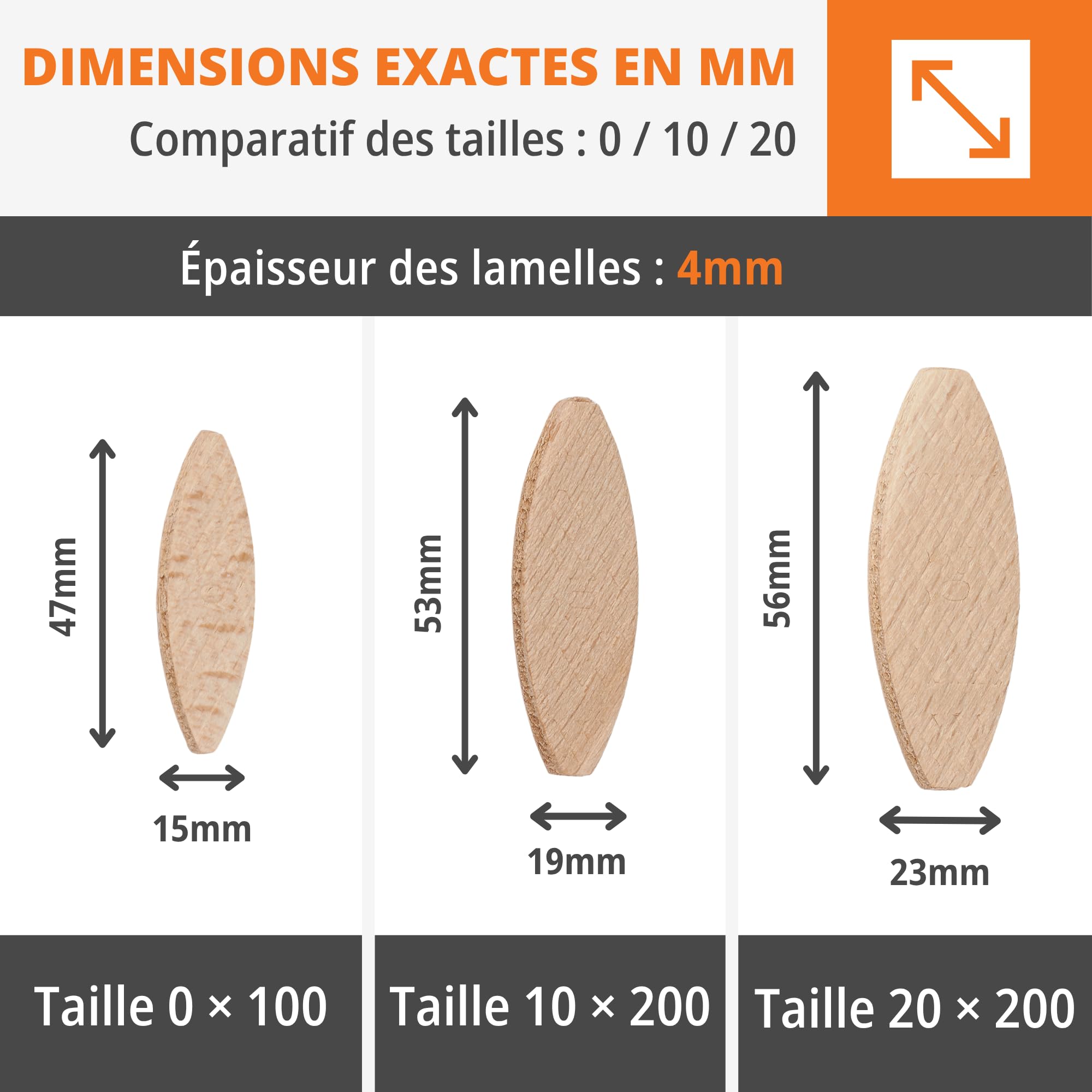 WFix Lamelles d’assemblage Assortiment en bois 0 10 20, 500 pièces,hêtre massif FSC, pour rainure 4 mm, assemblages bois précis pour meubles, cadres et onglets, triées par taille