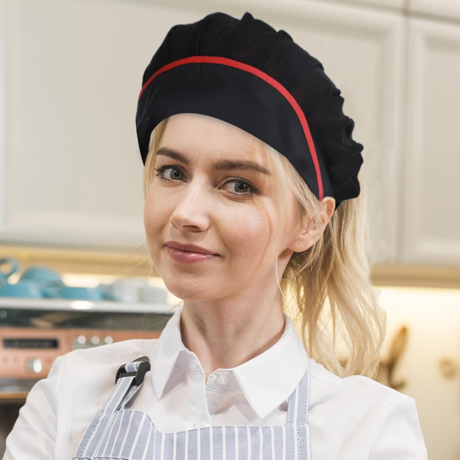 3 Pcs Elastic Kitchen Cooking Hat for Women Adjustable Chef Hat Food Service Mesh Cap Reusable Kitchen Cooking Hats Cook Chef Hair Nets Restaurant for Women (Black White Red) - Image 3