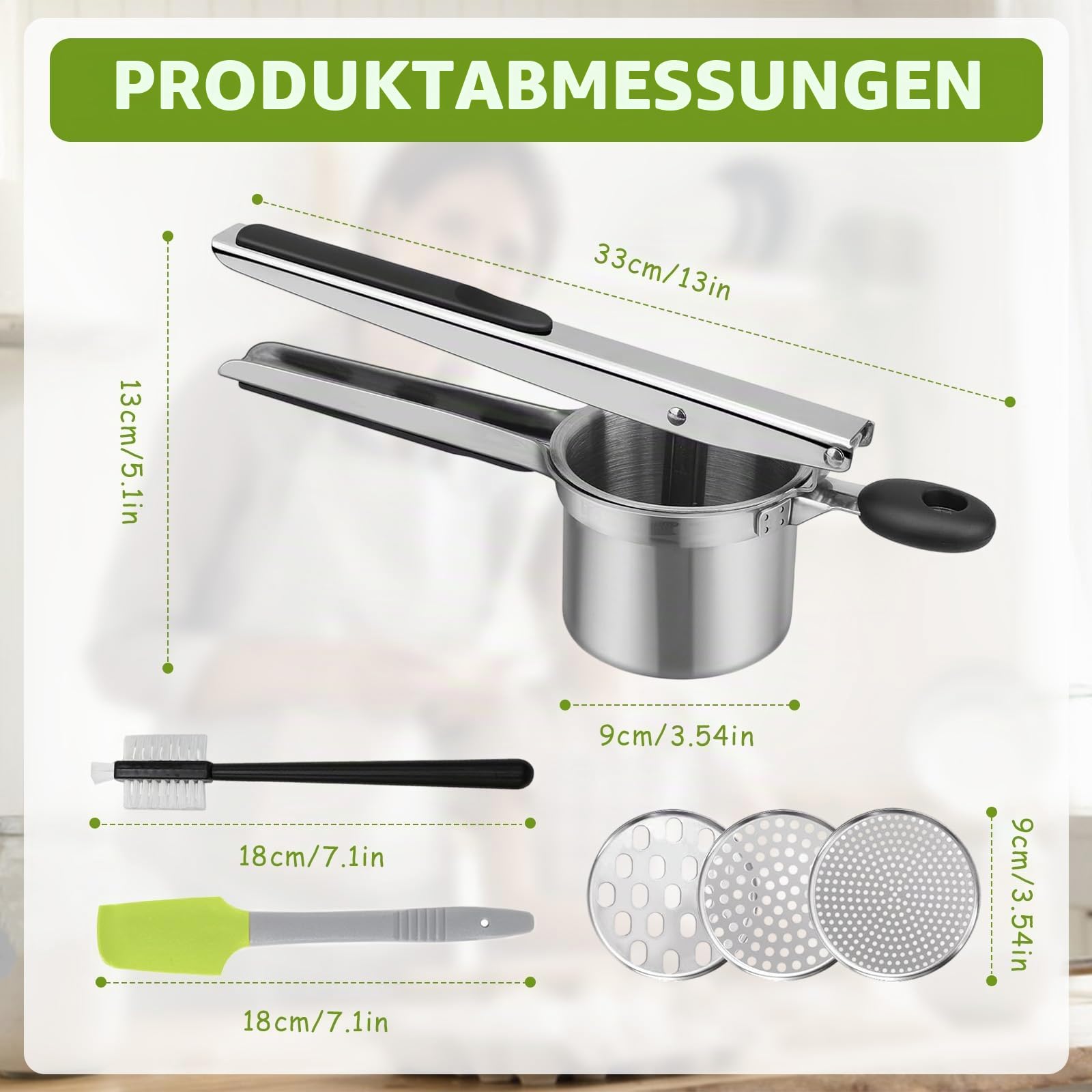 Kartoffelpresse Edelstahl Spagettieis Quetsche 450ml Spaghetti Eispresse mit 3 Austauschbare Sieb und Reinigungsbürste Kartoffelpüree, Spätzle, Gnocchi, Gemüse und Saucen